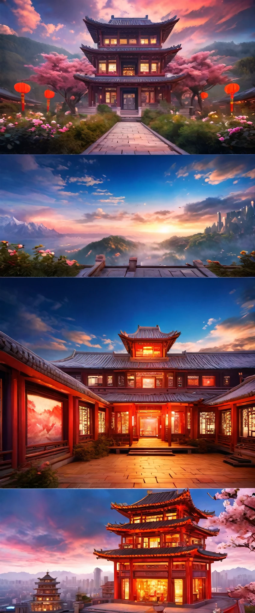 High-definition images of the sky city，(Ultra high definition:1.4)、(Fantasy、cyber punk、Ancient Chinese castles:1.3)、(Irregular red building:1.5)、(Floating in the clouds:1.2)、(Patchwork Cottage、Neon lighting、Floral decoration:1.4)、(Cityscape in the sky:1.1)、(Ross Tran、Inspired by Mikey Chan:1.2)、(Realistic lighting、Light Shaft、warm glow:1.3)、(masterpiece:1.2)、(high quality、Beautiful graphics、