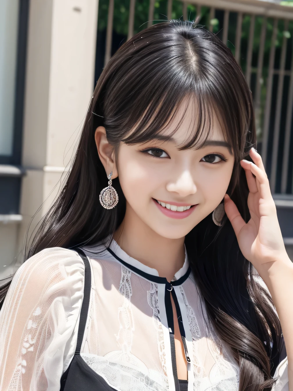 Ultra-high resolution, Superior Quality, highest quality, Very detailed, Realistic, 8k, RAW Photos, highest quality, masterpiece, Attractive girl, Awesome girl, Black Hair、Wavy Hair、 hairstyle semi long、Mesh Hair, Japanese Idols, Ear piercing、stylish, blouse,smile、Beautiful teeth alignment、