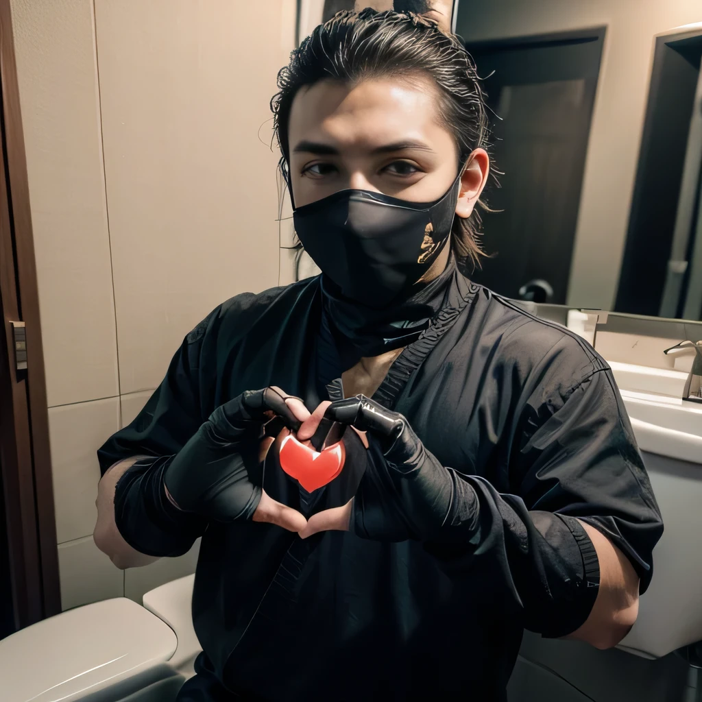 raw photo , 8K, ultra detailed, (realistic:1.2), (1man, ninja, mask:1.4), (heart hands:1.3),(toilet:1.3),