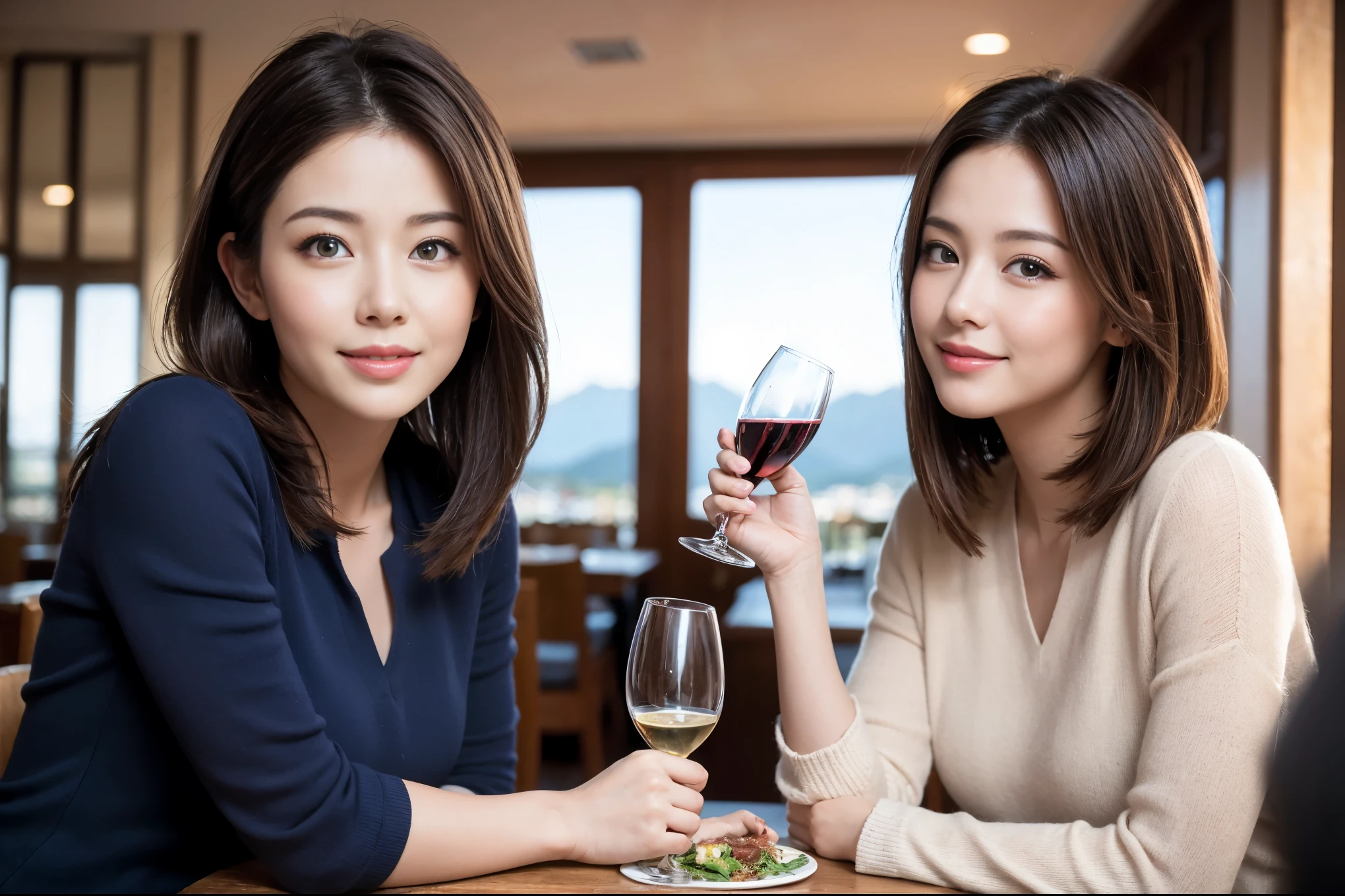 ((highest quality、8k、masterpiece:1.3))、Satomi Ishihara lookalike beauty、1 male、1 female、Couple、Spouse、half、The body is slim、((Bob Hale、Straight hair:1.2)), (Realistic, Intricate details:1.2), Wine glass on the table、Shine light on your face、 Amazing view of the sunset sky and clouds、Amazing mountain views、A bright smile、The wonderfulness of smile、Bright image、The beauty of wine, Beautiful Face, blue eyes, The light shines on your face, Blushing, short hair,Bright Face、 (Age 45), 39 years old, red wine 、Appetizers、Italian food、Wine bottle、Champagne、sparkling wine、Two beauties、Brown Hair、Shortcuts、Long sleeve shirt、dress、Pretty Woman 1, (Slim face), (The body is slim), (Brown Hair), (Shortcuts), cheeks turn a little red,Attractive beauty、restaurant, In a prominent place (From the waist up) Nova Frog Style, actress, model, Upper Body, White wine, slim, wine glass, A wine glass placed in the center, smile, (smile: 1.15), Beautiful fine grain, Depth f/2,saturation, High Contrast, Strong light and shadow,Moist Body:1.5、3D texture、Delicate eyes、Brown Hair、The hair is very shiny、