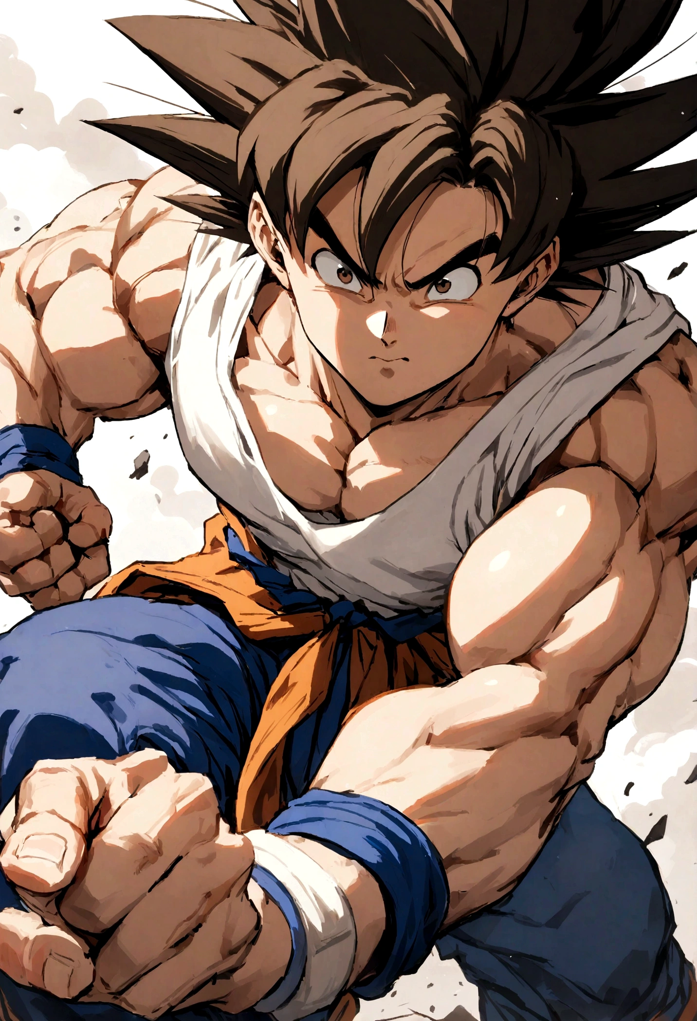 brown haired male like Goku, broken eyebrow on right side, brown eyes, wearing white tank top, blue pants, white sports bracelet, muscular