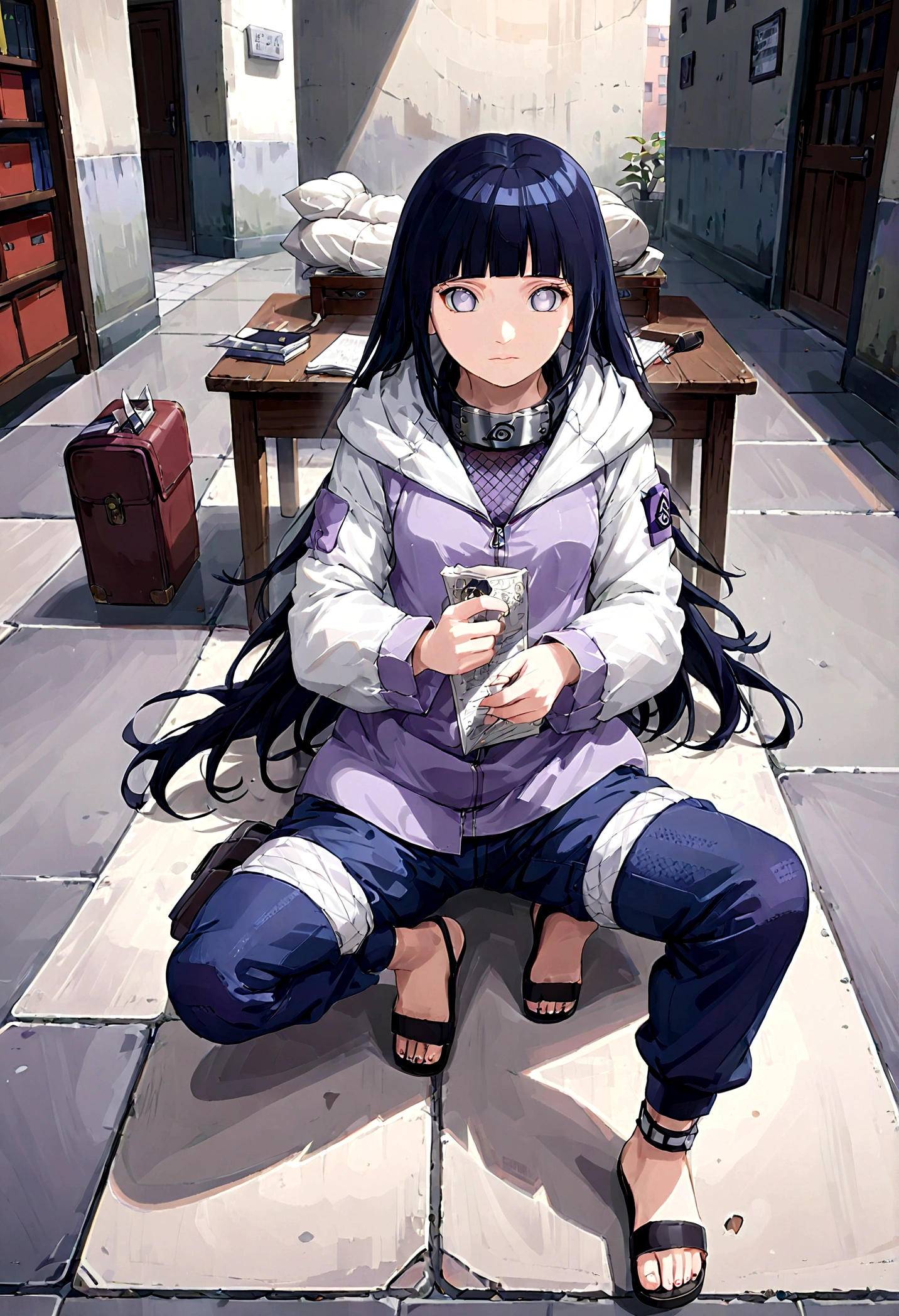 1girl, Hinata Hyuga, sit, taking a paper test, long hair, blunt bangs, dark blue hair, white eyes, no pupils, forehead protector, konohagakure symbol, purple and white hooded jacket, fishnets, blue pants, holster, bandage on thigh, open sandals, looking at viewer, (masterpiece, best quality, Professional, perfect composition, very aesthetic, absurdres, ultra-detailed, intricate details:1.3)