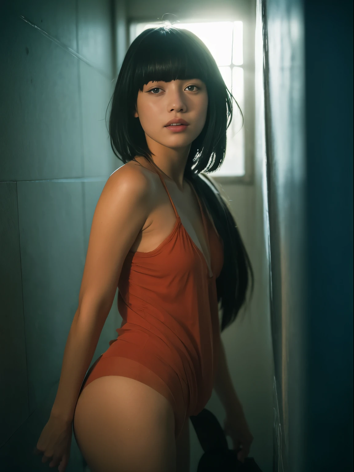 27 years old, hermosa linda chica americana, sonrisa mostrando los dientes, pecas, (piel oscura:1.5), (platinum blue largo bangs hair:1.4), (Gigi Hadid:1.1), (naughty girl makeup:1.1), (El FW), 1mujer, Solo, 24 years, cuerpo de 7 cabezas, (cute rostro), (ideal proportion body proportions), usando sudor, El disfraz es transparente, wet, sonrisa sonriente, cabello corto, pelo oscuro, , un delgado, small buttocks, piernas de belleza, piernas flacas, surrealism, lightning cinematográfica, profundidad de campos, Punto de vista unipersonal, F/1.8, 135mm, nffsw, mesa, preciso, ((anatomically correct)), piel texturizada, Super detail, detalles altos, High calidad, premiado, (obra maestra), animado, (foto_(medio):1.0), by Antonio J. Manzanedo, por Jeremy Lipking, 1 chica, lightning, en un paisaje surrealista, estilo de pintura con acuarela, Pinceladas, desabrochado, ojos naranjas, cola de caballo, cabello rosado, ciberpunk, ropa japonesa