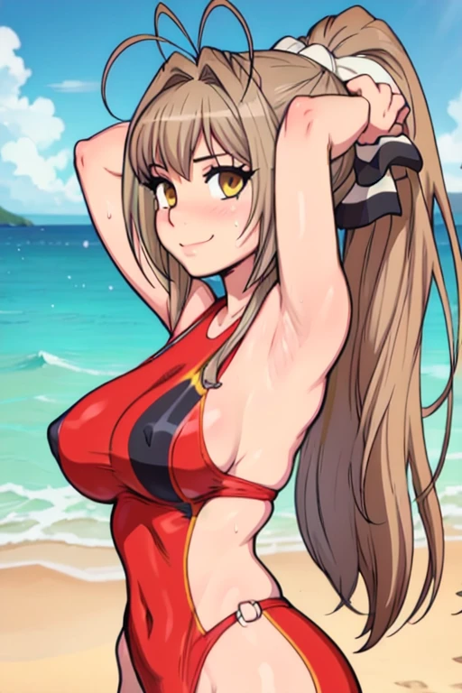 masterpiece, best quality, looking at viewer, upper body, portrait, looking at viewer, seductive smile, put your hands behind your head, armpits, armpits visible, sweaty armpits, sento isuzu, large breasts, ponytail hair, golden eyes,wearing red swinsuit, beach backround, sleeveless