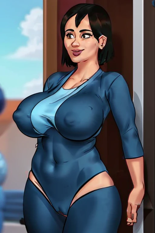 fubuki, 1 garota, ((boba))), cabelo verde curto, olhos pretos, swollen lips, painted lips, thick lips, rosto sorridente, quadris largos, coxas grossas, enorme peito falso redondo, bunda grande e redonda, pele brilhante, ((desgaste vermelho)), ((milf)), (Uma MILF), camel toe, standing like a model