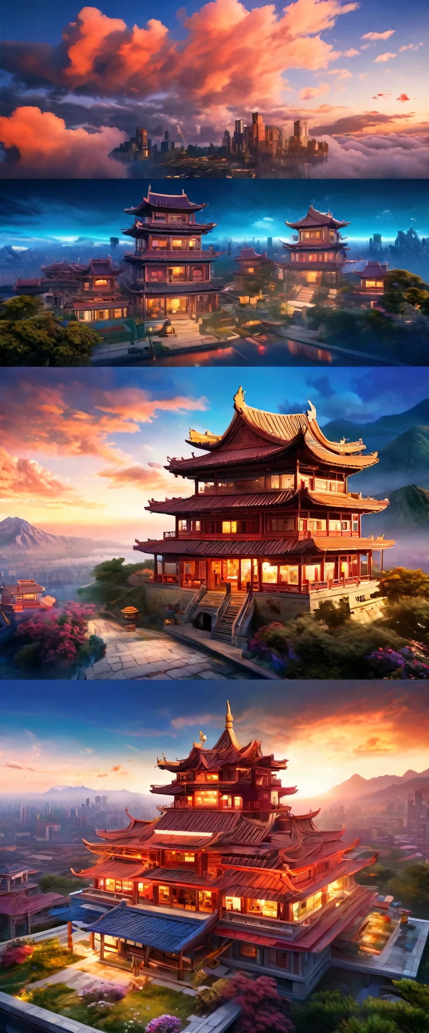 High-definition images of the sky city，(Ultra high definition:1.4)、(Fantasy、cyber punk、Ancient Chinese castles:1.3)、(Irregular red building:1.5)、(Floating in the clouds:1.2)、(Patchwork Cottage、Neon lighting、Floral decoration:1.4)、(Cityscape in the sky:1.1)、(Ross Tran、Inspired by Mikey Chan:1.2)、(Realistic lighting、Light Shaft、warm glow:1.3)、(masterpiece:1.2)、(high quality、Beautiful graphics、