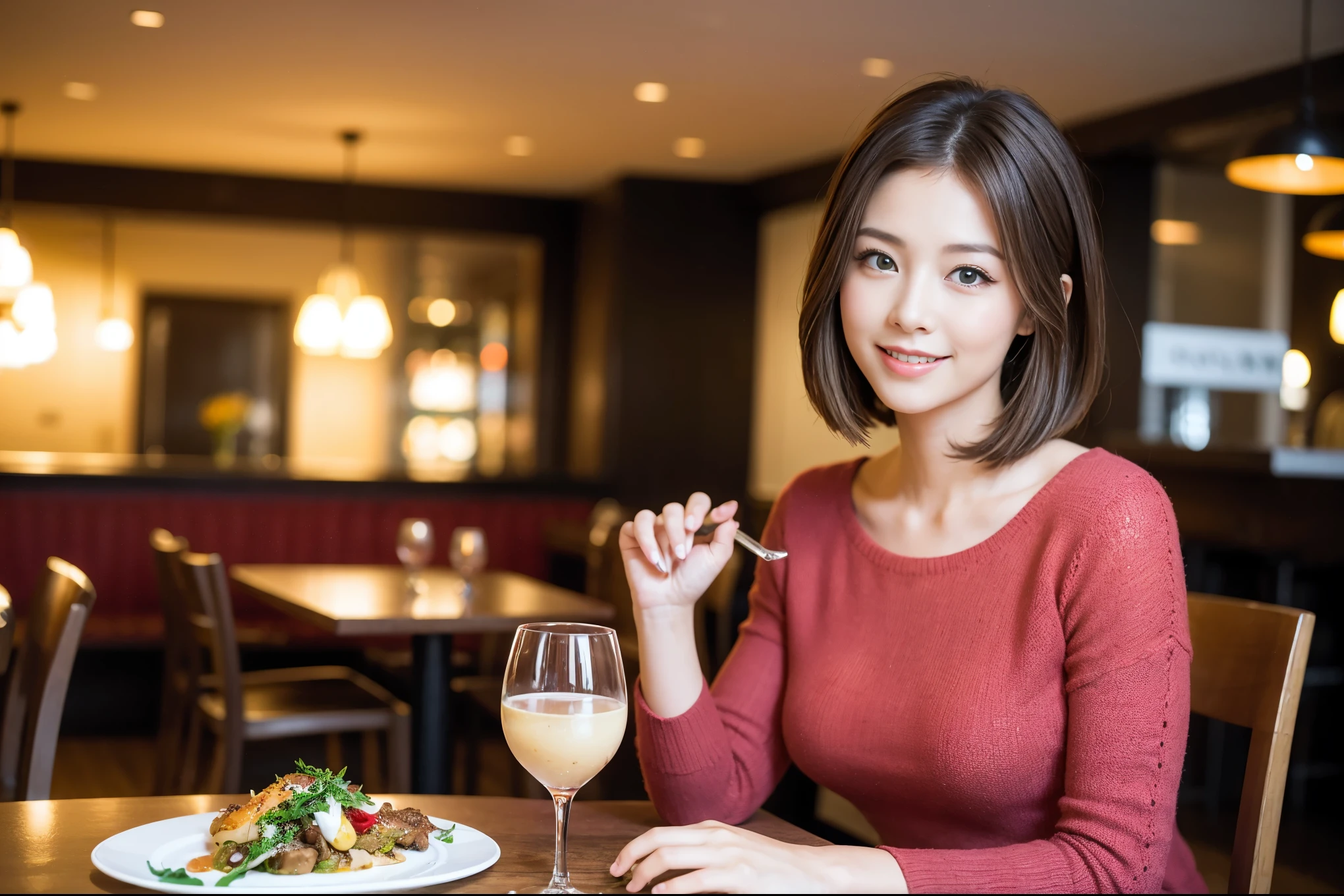 ((highest quality、8k、masterpiece:1.3))、Satomi Ishihara lookalike beauty、1 male、1 female、Couple、Spouse、half、The body is slim、((Bob Hale、Straight hair:1.2)), (Realistic, Intricate details:1.2), Wine glass on the table、Shine light on your face、 Amazing view of the sunset sky and clouds、Amazing mountain views、A bright smile、The wonderfulness of smile、Bright image、The beauty of wine, Beautiful Face, blue eyes, The light shines on your face, Blushing, short hair,Bright Face、 (Age 37), 39 years old, red wine 、Appetizers、Italian food、Wine bottle、Champagne、sparkling wine、Two beauties、Brown Hair、Shortcuts、Long sleeve shirt、dress、Pretty Woman 1, (Slim face), (The body is slim), (Brown Hair), (Shortcuts), cheeks turn a little red,Attractive beauty、restaurant, In a prominent place (From the waist up) Nova Frog Style, actress, model, Upper Body, White wine, slim, wine glass, A wine glass placed in the center, smile, (smile: 1.15), Beautiful fine grain, Depth f/2,saturation, High Contrast, Strong light and shadow,Moist Body:1.5、3D texture、Delicate eyes、Brown Hair、The hair is very shiny、
