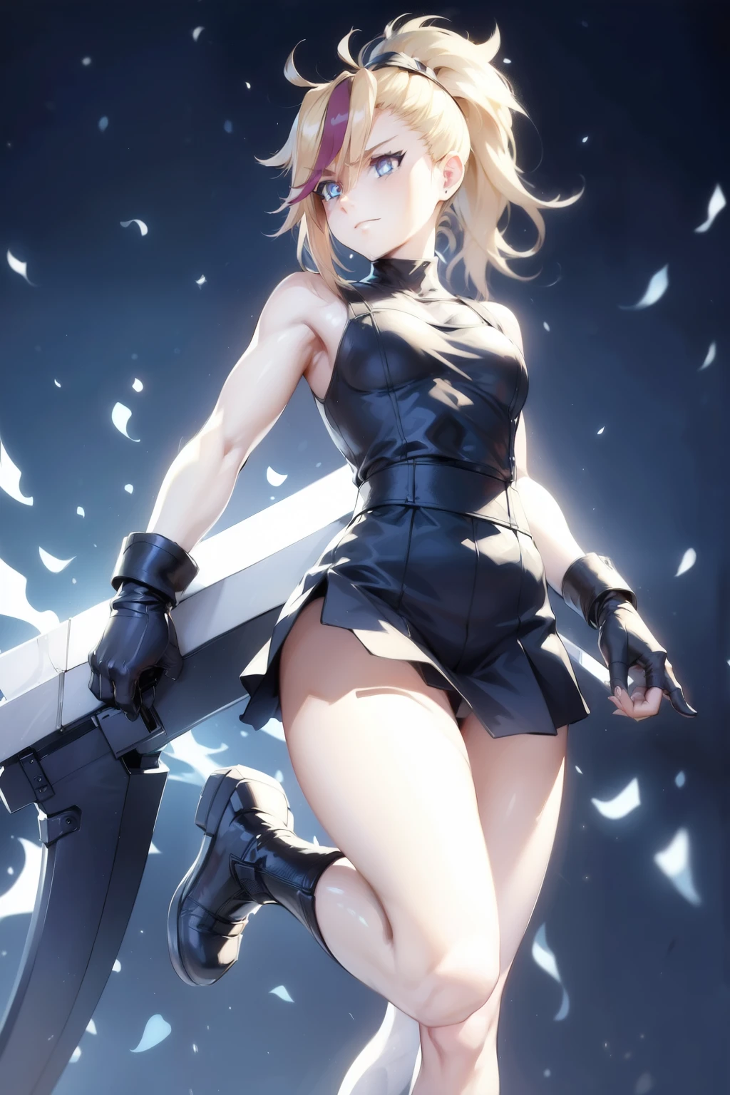 (masterpiece, best quality:1.2), Blue glowing eyes, perfect face, highres, 1 girl, solo, ultra long ponytail, (female:1.5), strife, blonde hair, shoulder armor, sleeveless turtleneck, suspenders, belt, gloves, bracer, evil smile, standing, portrait, looking at viewer, giant sword on the back