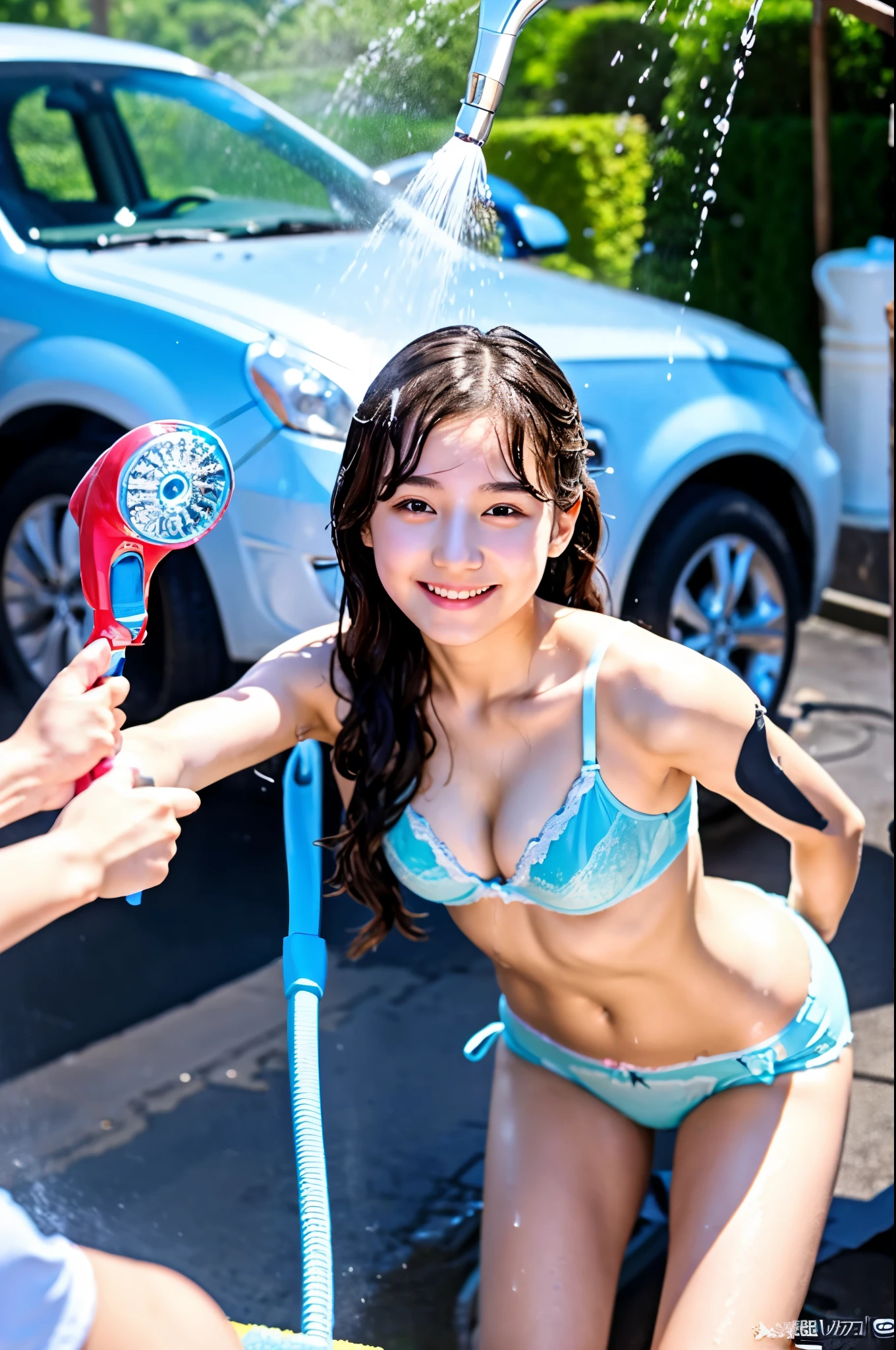 An 18-year-old girl with a cute face like an idol..。Gentle and cute。Please smile kindly。She is in underwear She is washing her car and spraying it with a hose The whole body is soaked with water from a hose RAW Photos Genuine realism High resolution live-action