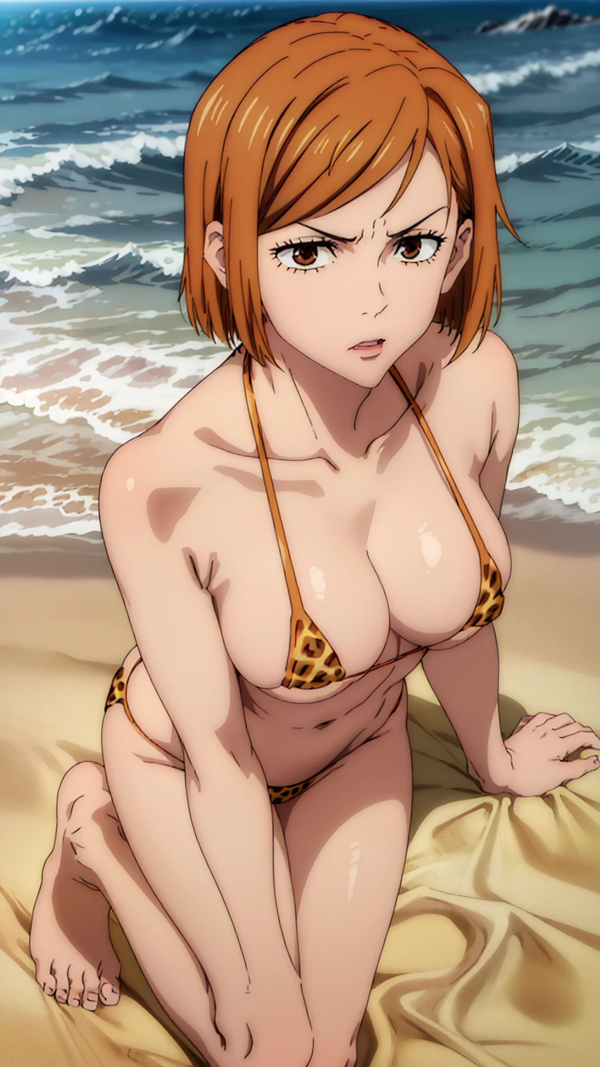 (masterpiece), (highest quality), (Very detailed), (Best illustrations), (Best Shadow), (Confused), nobarakugisakinova, short hair, Orange Hair, ((Brown eyes)), kugisaki nobara, (Leopard print micro bikini), 1 girl, alone, bangs, Looking at the audience, , Beach, Thighs,Glare,barefoot,front,Naked in a swimsuit,anger, Rest on the stomach, Lift your legs