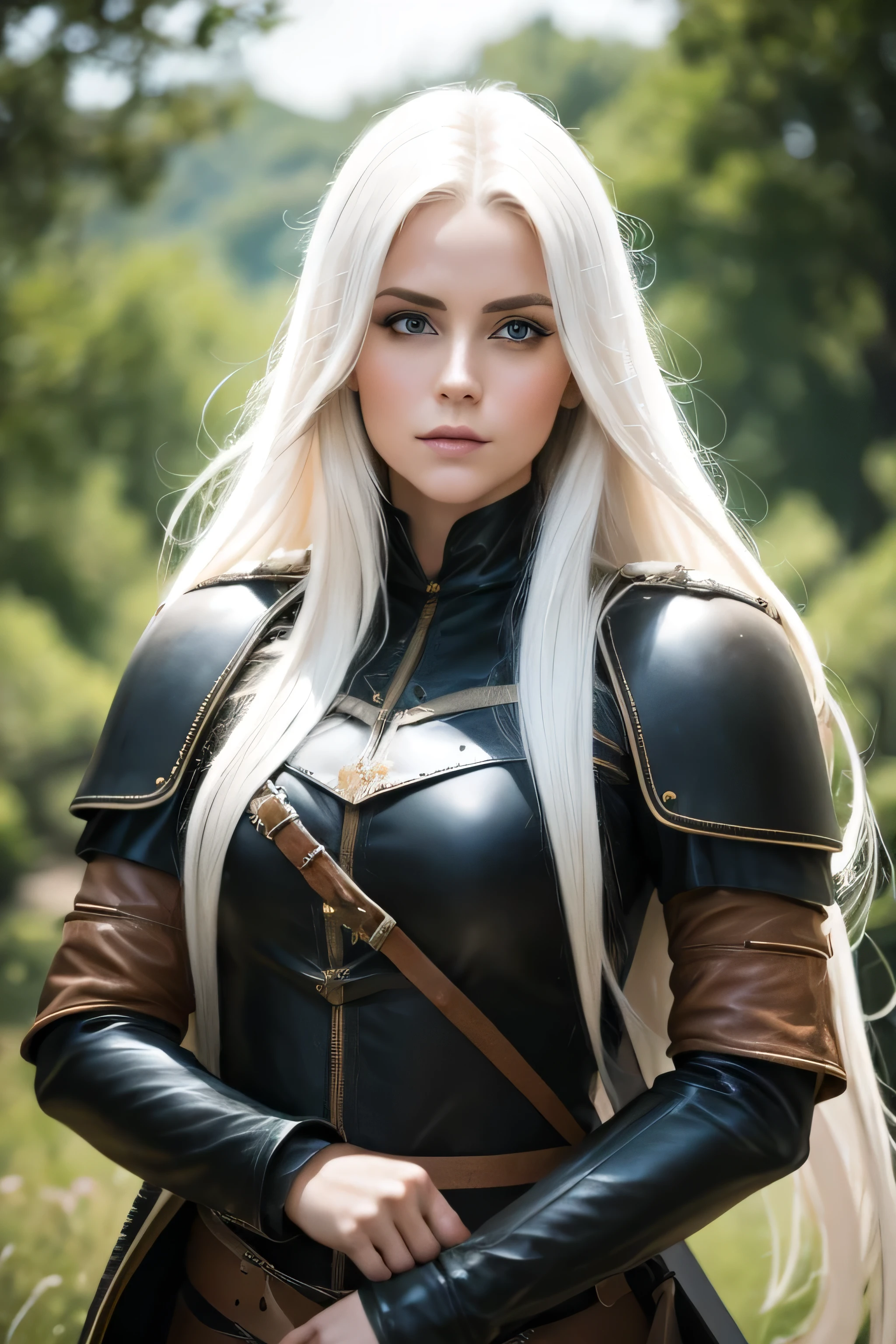 1 female medival ranger, long white hair, wearing leather, 25 years old, absurdres, high res, ultrasharp, 8K, masterpiece, the image should be of absurd resolution and high detail. It should be ultra-sharp and available in 8K resolution, representing a masterpiece in image quality.