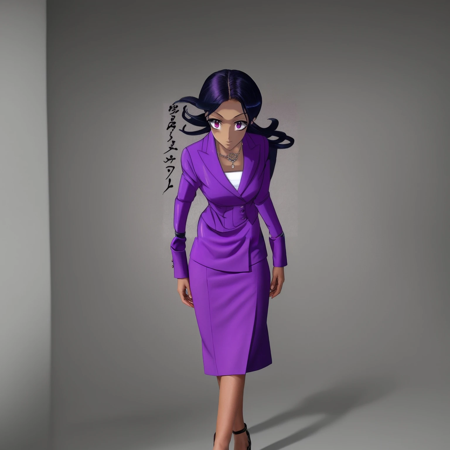 Black business woman in a purple skirt suit with short hair