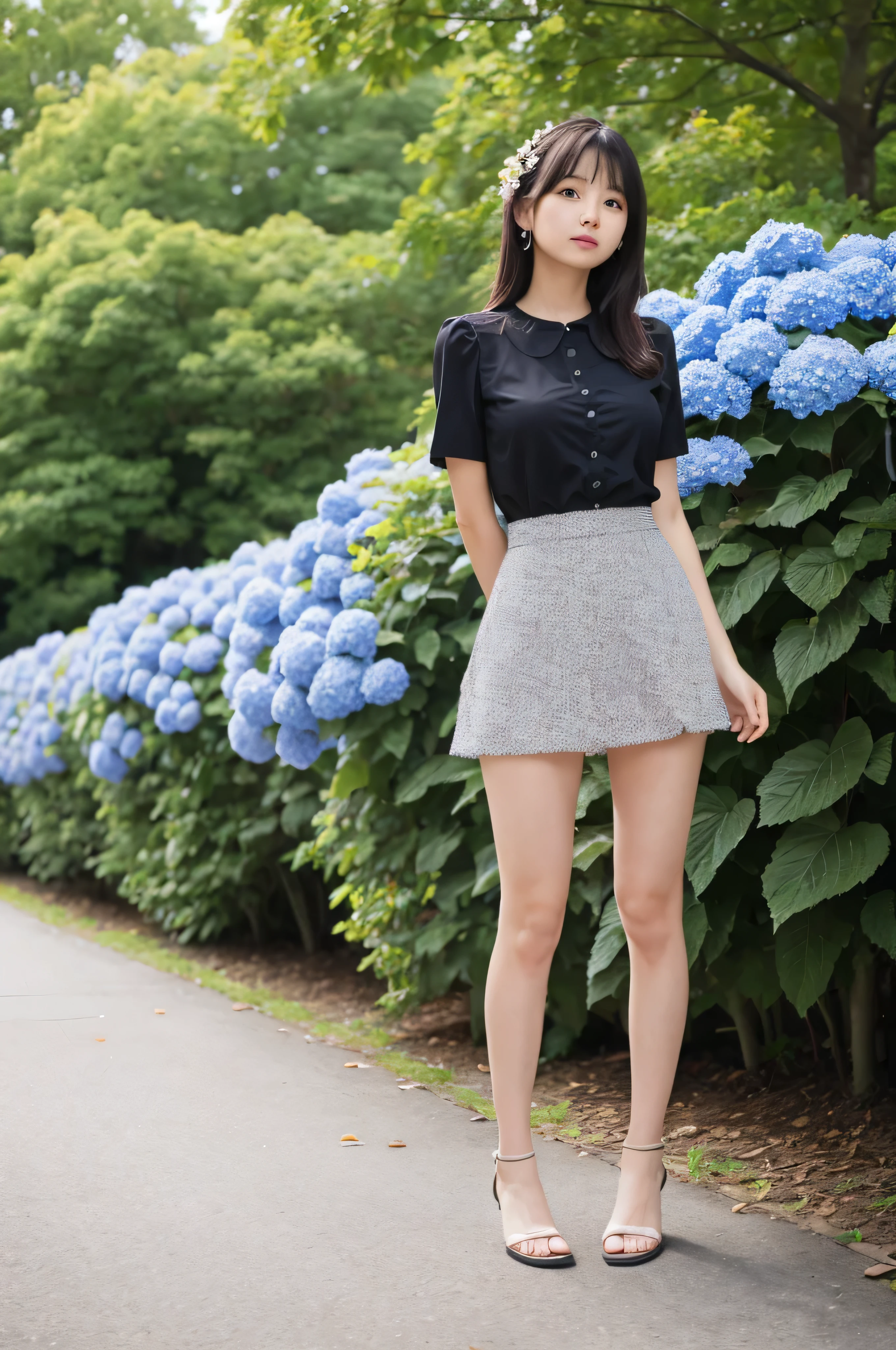 A twenty-year-old girl standing in a park full of blooming hydrangeas（Miniskirt、one piece）