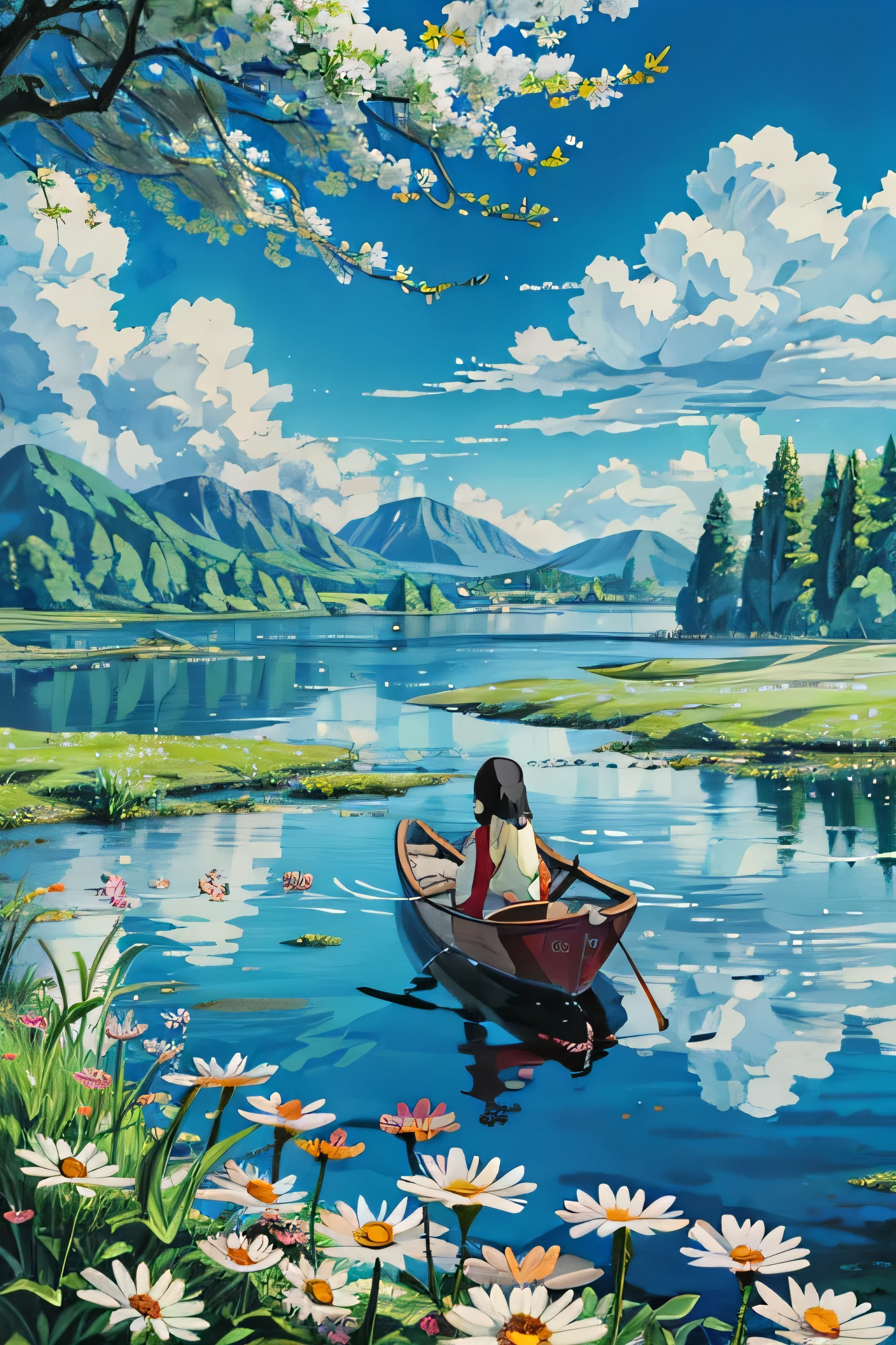 a girl sitting in a boat on a lake, anime beautiful peace scene, anime scenery, anime countryside landscape, beautiful anime scenery, anime nature wallpap, beautifull puffy clouds. anime, dream scenery art, anime landscape, anime scenery concept art, anime nature, makoto shinkai and (cain kuga), beautiful anime art,  4k hd, beautiful art uhd 4 k, a beautiful artwork illustration, beautiful digital painting, highly detailed digital painting, beautiful digital artwork, detailed painting 4 k, very detailed digital painting, rich picturesque colors, gorgeous digital painting