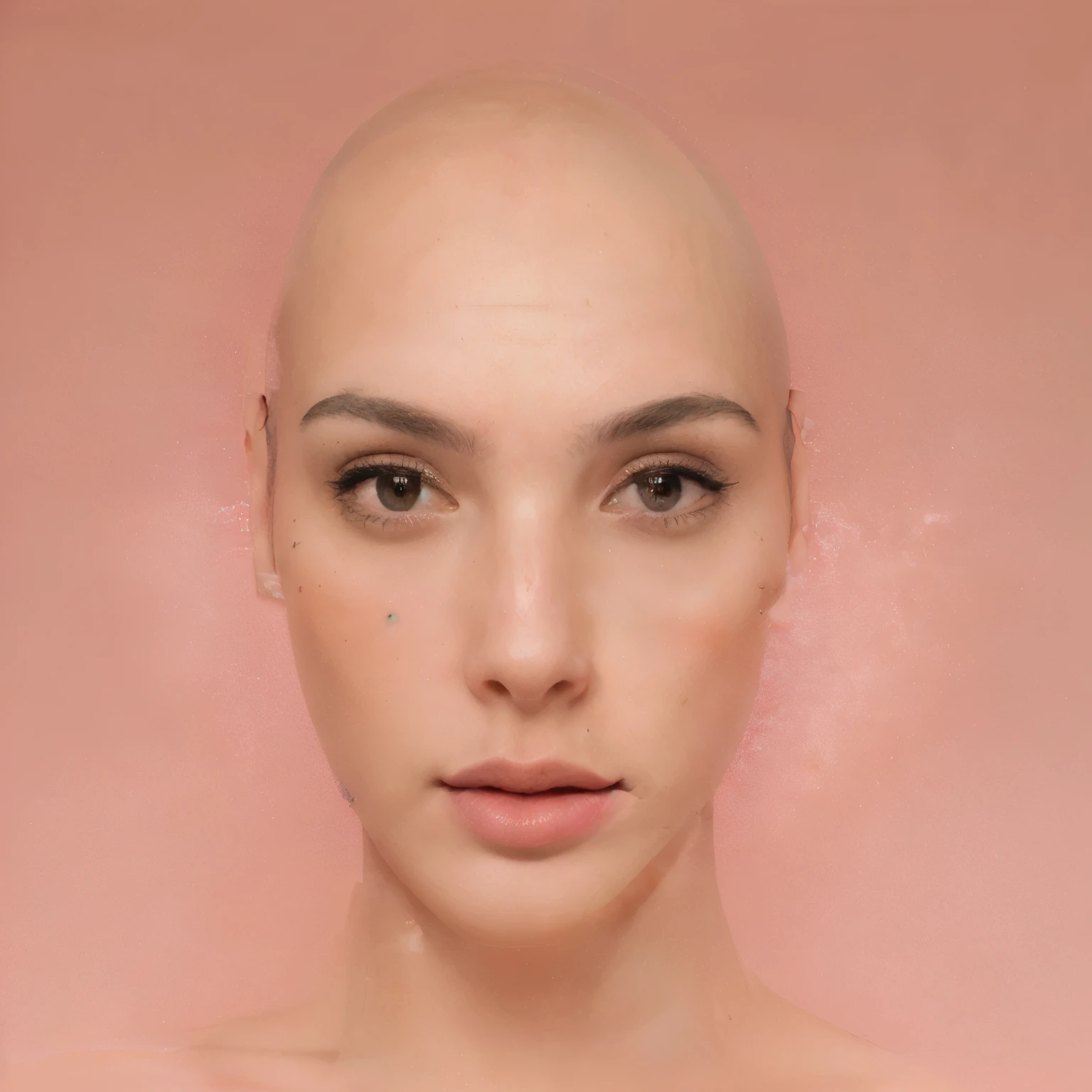 there is a woman with a bald head and a pink lip, face symmetrical, perfectly symmetrical face, perfect symmetrical face, symmetrical face, very symmetrical face, perfect symmetric face, symmetrical facial feature, prefect symmetrical face, round shaped face, clear symmetrical face, symetrical face, ultra high face symmetry