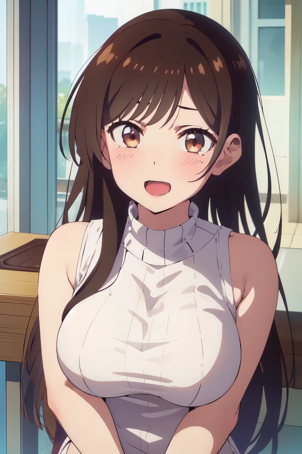 (((pixel-perfect, detail-perfect))), solo, 1girl, chizuru ichinose, sweater, looking at viewer, smile, upper body1 girl, beauty, brown eyes, alone, breasts, brown hair, big breasts, Kanojo anime lineart, Chizuru, 1 girl, brown hair, long hair, brown eyes,nervou,s,crying, big breasts,transparent lingerie,add_detail: 1, open mouth, showing tongue, embarrassed, cum in vagina, ahegao face, cum, excited face,,1 Fat man,man showing his penis with semen,