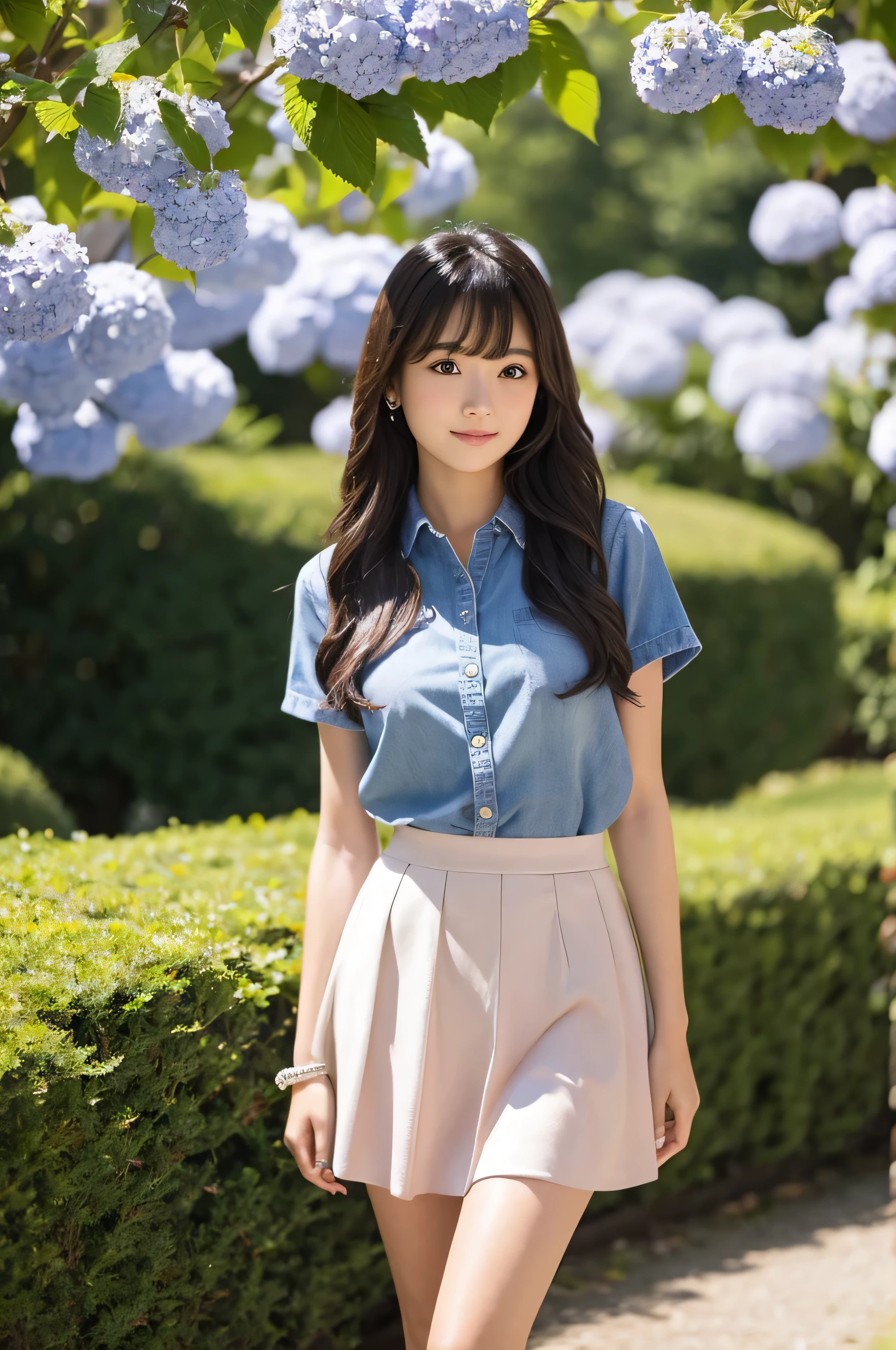 A 21-year-old girl standing in a park with hydrangeas in bloom（mini skirt）