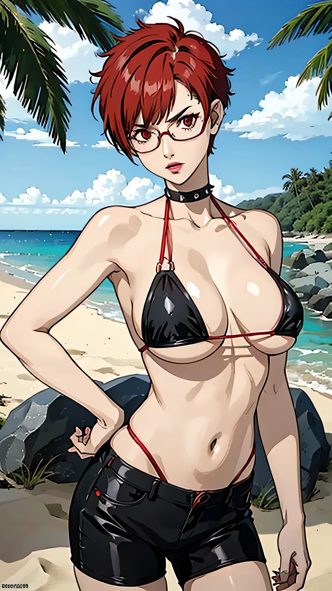 1 girl, milf, red eyes,tomboy Pixie haircut, red hair, black eyebrows, spiked hair, black choker, spiked hair, very Short hair, micro bikini, lipstick, cowboy shot, serious face, huge breast, belly, female pubic hair, glasses, beach