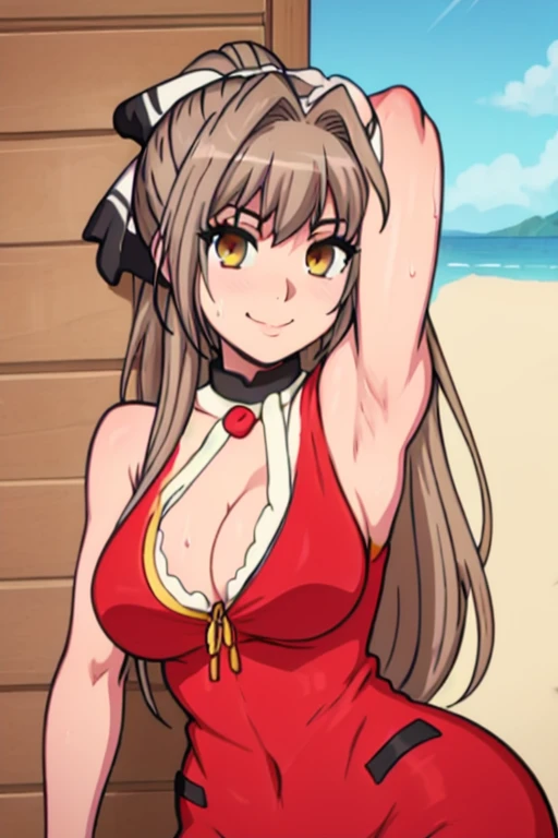 masterpiece, best quality, looking at viewer, upper body, portrait, looking at viewer, seductive smile, put your hands behind your head, armpits, armpits visible, sweaty armpits, sento isuzu, large breasts, ponytail hair, golden eyes,wearing red outfit, beach backround, sleeveless, cleavage