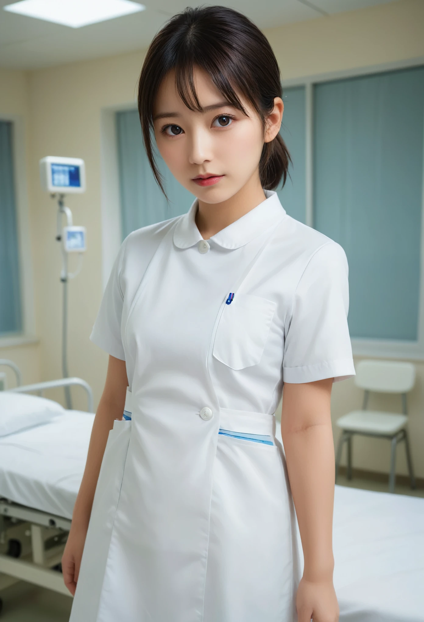 1 girl,(Wearing white nurse clothes:1.2),(RAW photo, highest quality), (realistic, photo-realistic:1.4, masterpiece, very delicate and beautiful, very detailed, 2k wallpaper, very detailed CG unity 8k wallpaper, Super detailed, High resolution), soft light, beautiful detailed girl, very detailed eyes and face, beautifully detailed nose, finely beautiful eyes, nurse, perfect anatomy, black hair, low ponytail style, ((white nurse uniform, mask)), thin, hospital, hospital room, auscultation of the neck,bob cut