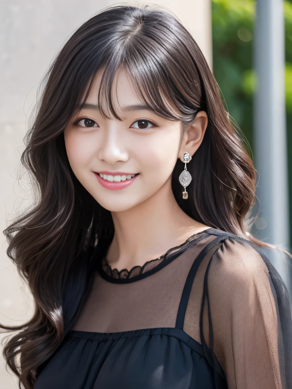 Ultra-high resolution, Superior Quality, highest quality, Very detailed, Realistic, 8k, RAW Photos, highest quality, masterpiece, Attractive girl, Awesome girl, Black Hair、Wavy Hair、 hairstyle semi long、Mesh Hair, Japanese Idols, Ear piercing、stylish, blouse,smile、Beautiful teeth alignment、
