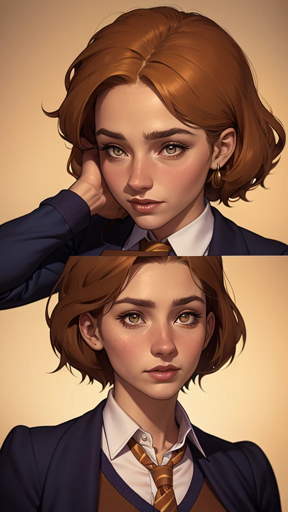 a close up of a person wearing a tie and sweater;, Hermione Granger, inspirado em Hermione Hammond, hermione, Ema watson as Hermione Granger, Ema!! watson!!, Ema watson as harry potter, Ema watson as driada, Ema watson, portrait photo of Ema watson, photo of Ema watson, movie still of Ema watson, with the face of Ema watson