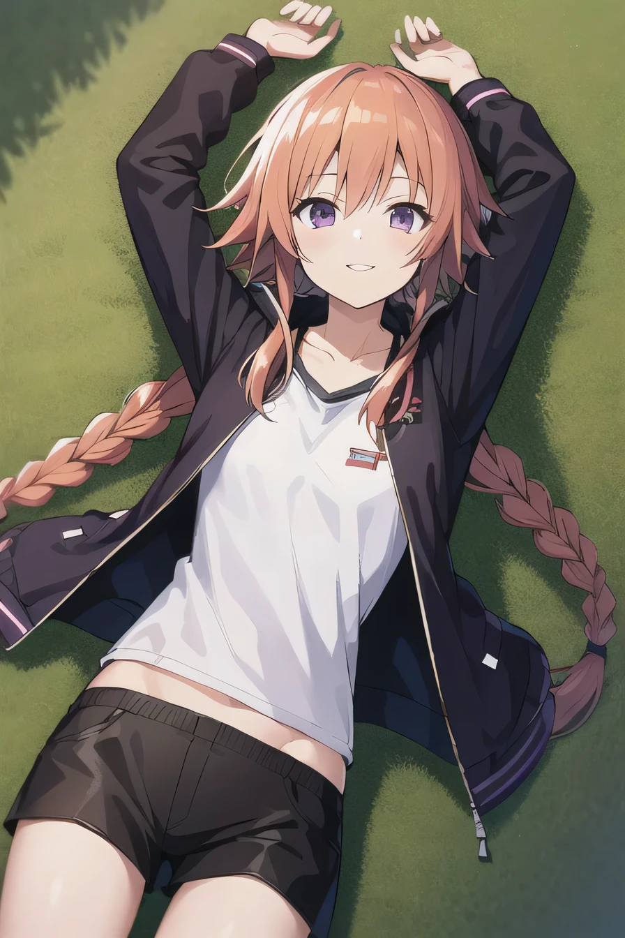 ninomiya asuka,
masterpiece, best quality, ultra-detailed,highres,
solo,1girl,
orange hair,long hair,bangs,twin braids,pink hair,purple eyes,black jacket,open jacket,hoodie,white short, solo, (cowboy shot:1.5), lying, on back, spread arms, on grass, smile, closed mouths,