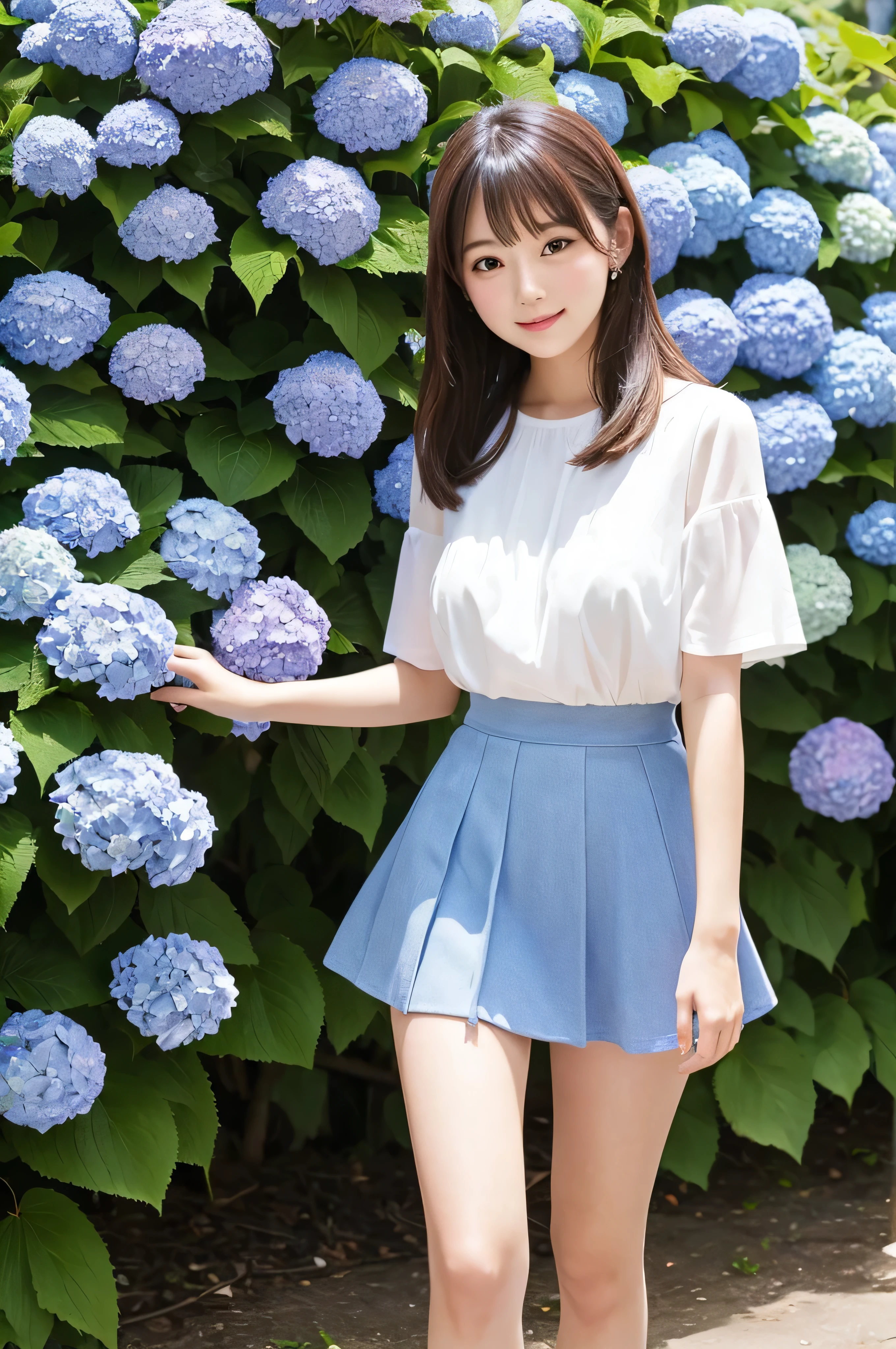 A cute 21-year-old girl standing in a park with hydrangeas in bloom(mini skirt)