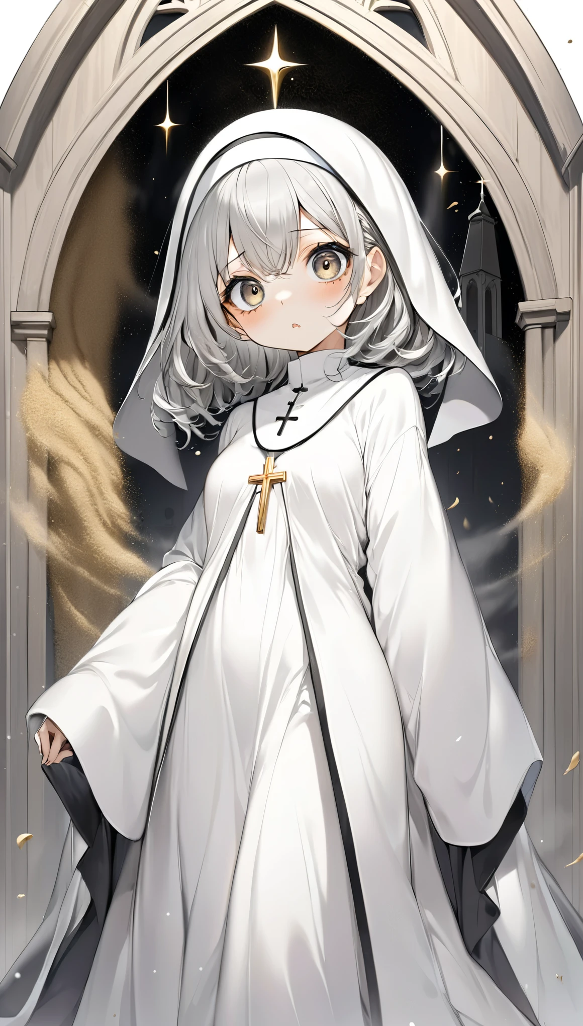 best quality, super fine, 16k, incredibly absurdres, extremely detailed, 2.5D, delicate and dynamic, cute church nun in pure white uniform and robe, big cute droopy eyes, silver messy wavy short hair peeking out from under the robe, lady, captivating look, superlative body proportion, effects with big black and gray tornado and gold dust