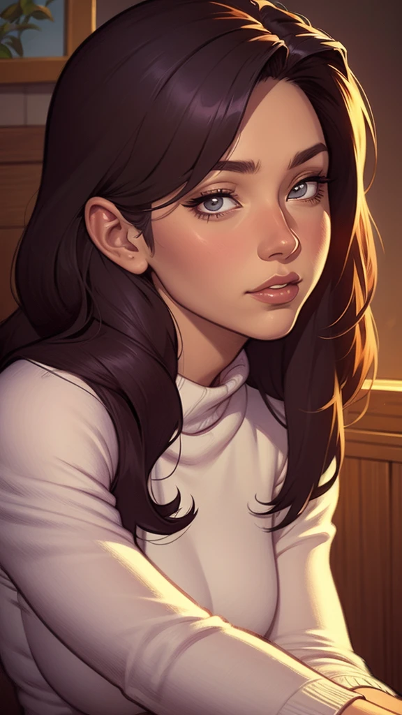 Close-up of a woman with long hair and a sweater, cabelo castanho encaracolado, linda modelo, retrato de alta qualidade, medium portrait soft light, parece a jovem liv tyler, retrato colorido, linda mulher, cabelo loiro cacheado | d & d, beautiful portrait lighting, uma linda jovem, modelo muito lindo, Retrato de 50mm, medium - long cabelo castanho encaracolado