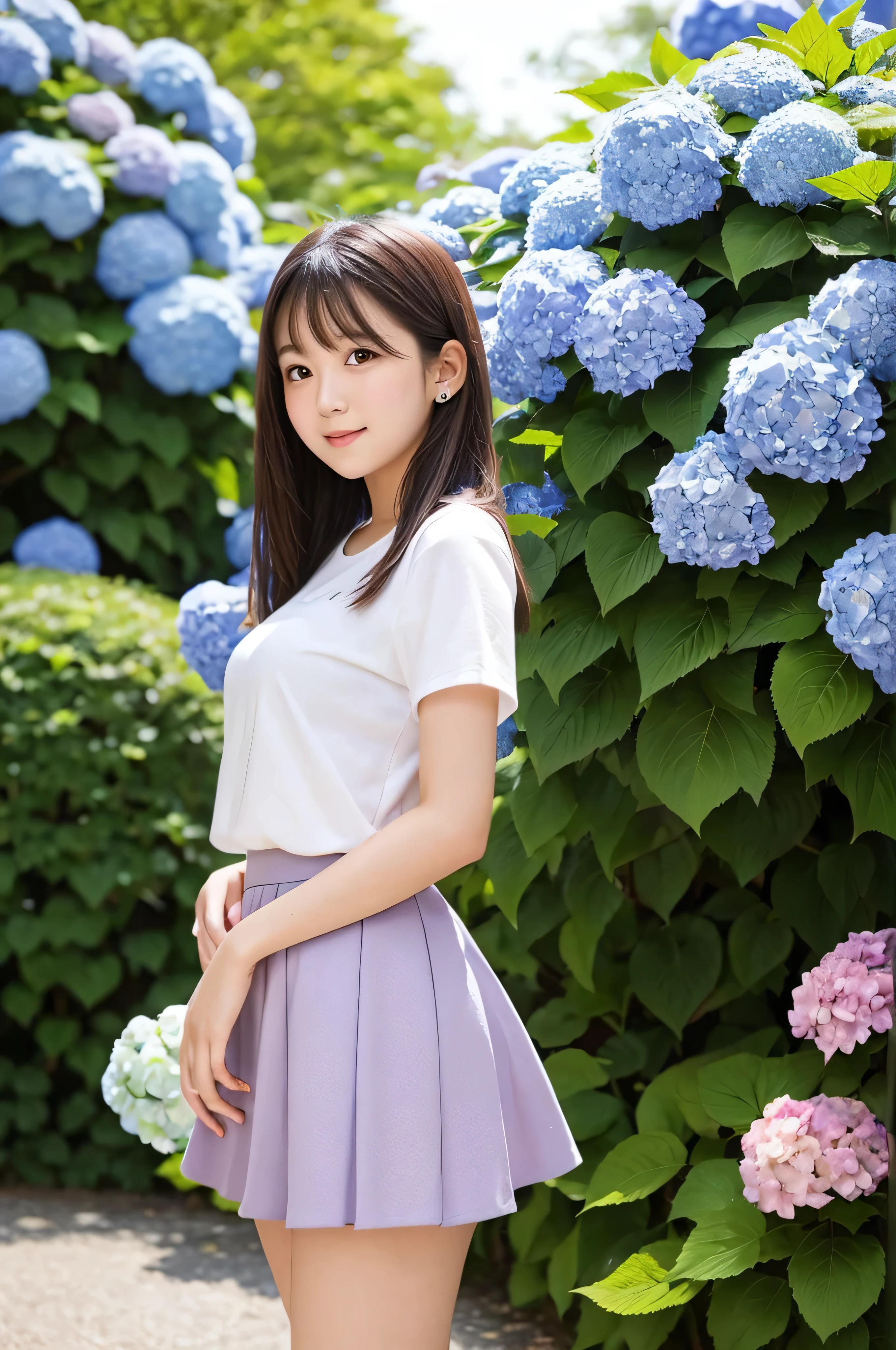 A cute 21-year-old girl standing in a park with hydrangeas in bloom(mini skirt)