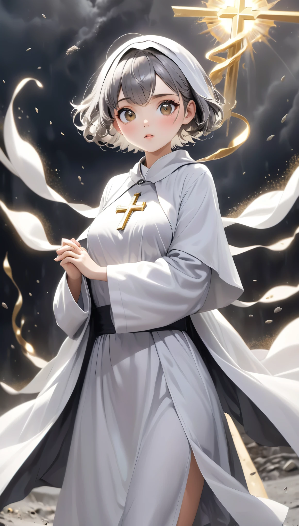 best quality, super fine, 16k, incredibly absurdres, extremely detailed, 2.5D, delicate and dynamic, cute church nun in pure white uniform and robe, big cute droopy eyes, silver messy wavy short hair peeking out from under the robe, lady, captivating look, superlative body proportion, effects with big black and gray tornado and gold dust