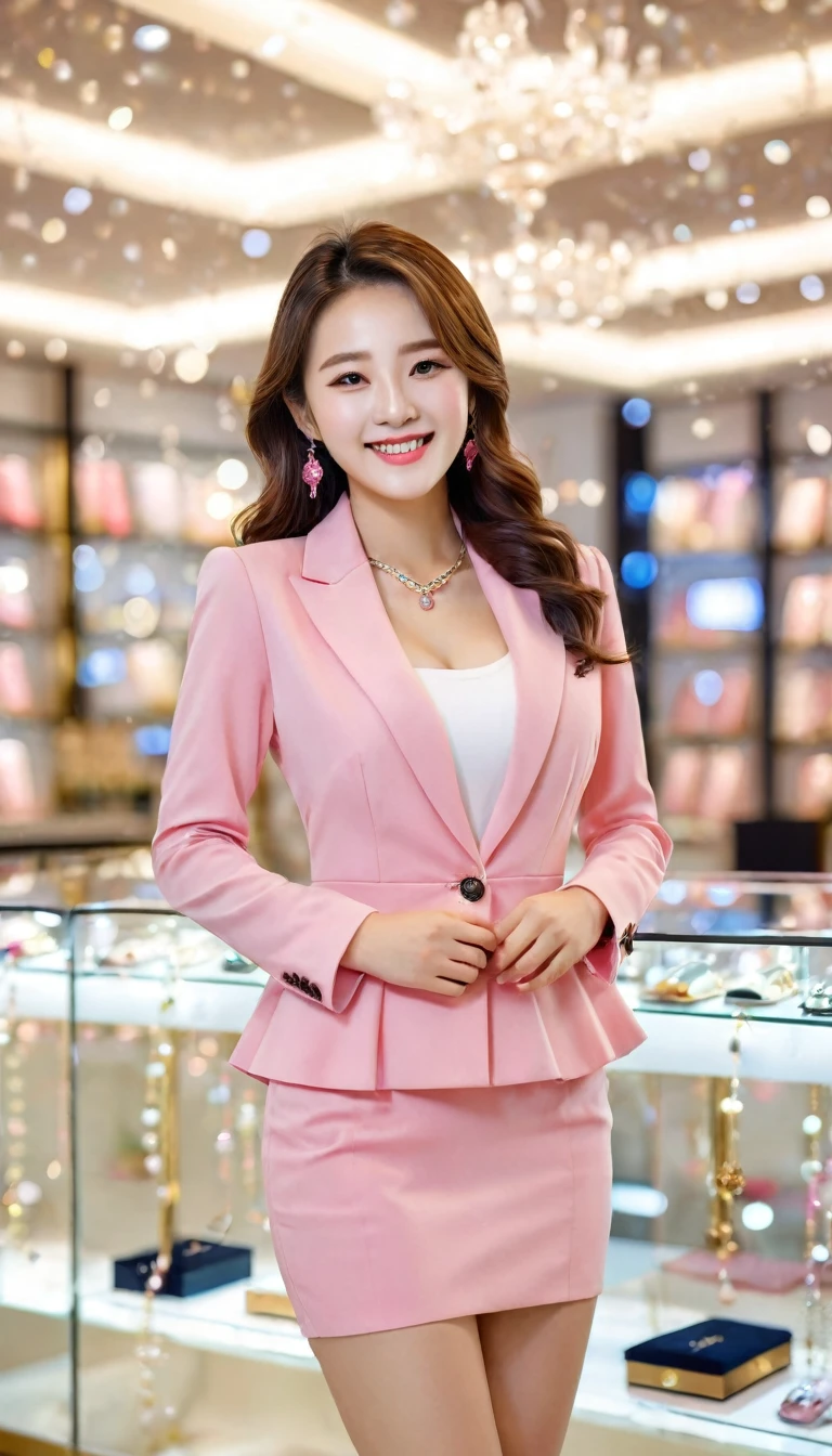 Full body of beautiful korean female, 34 inch breasts size, cheerful smile, Height 172 cm,wearing pink suit, and short skirt, in a luxury jewelry store,, bokeh background, UHD