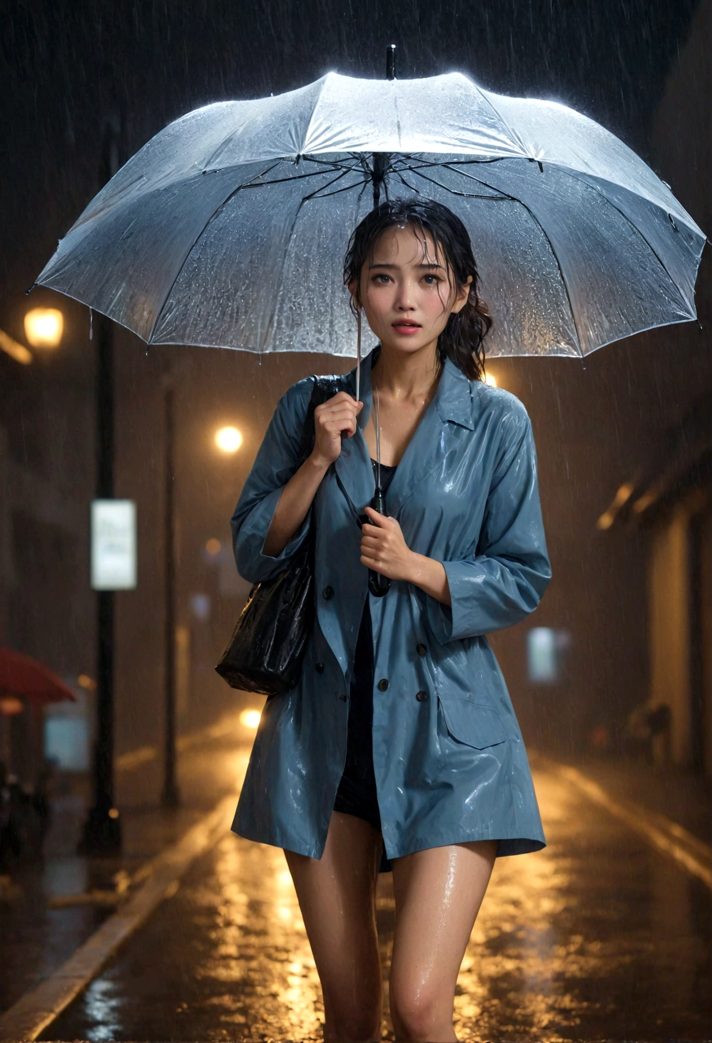 A beautiful woman gets completely soaked in a sudden downpour at night、no umbrella、Detailed facial expressions、Wet thighs、Full Body Portrait