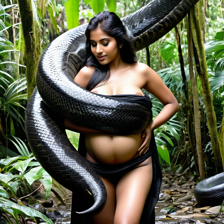  Pregnant Topless  thong wearing aroused horny beautiful happy young Indian teen girl vs  Giant black anaconda monster wrapped around her body squeezing her in coiled embrace cuddling and kissing  sexual erotic bestiality  sex  realistic in the rainforest full body, best quality wet 