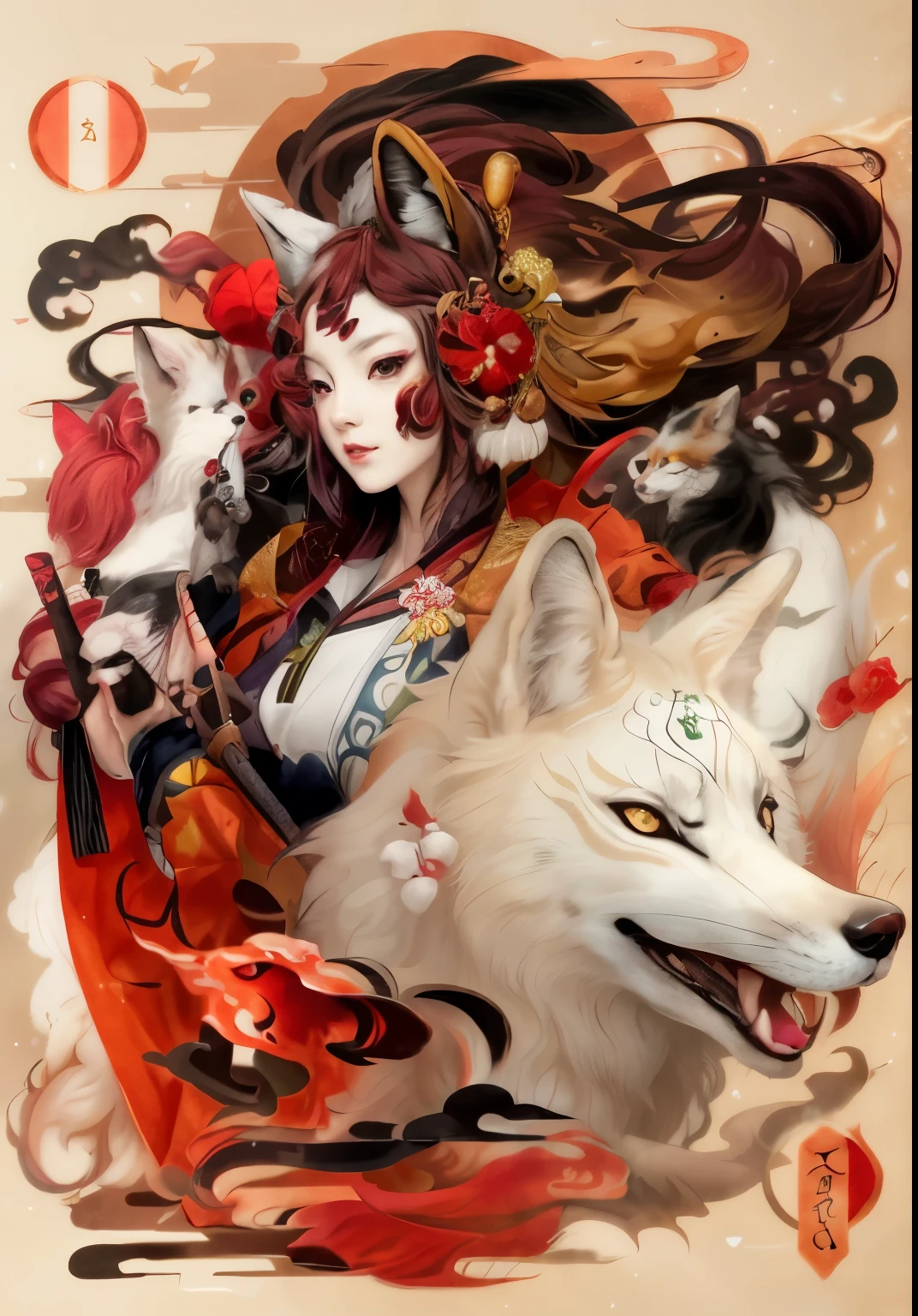 a woman with a white wolf and red hair  with 9 fox tail, detailed art, a beautiful kitsune woman, onmyoji, japanese art style, fox nobushi, kitsune, a beautiful fox lady, amaterasu, by Yang J, guweiz, kitsune three - tailed fox