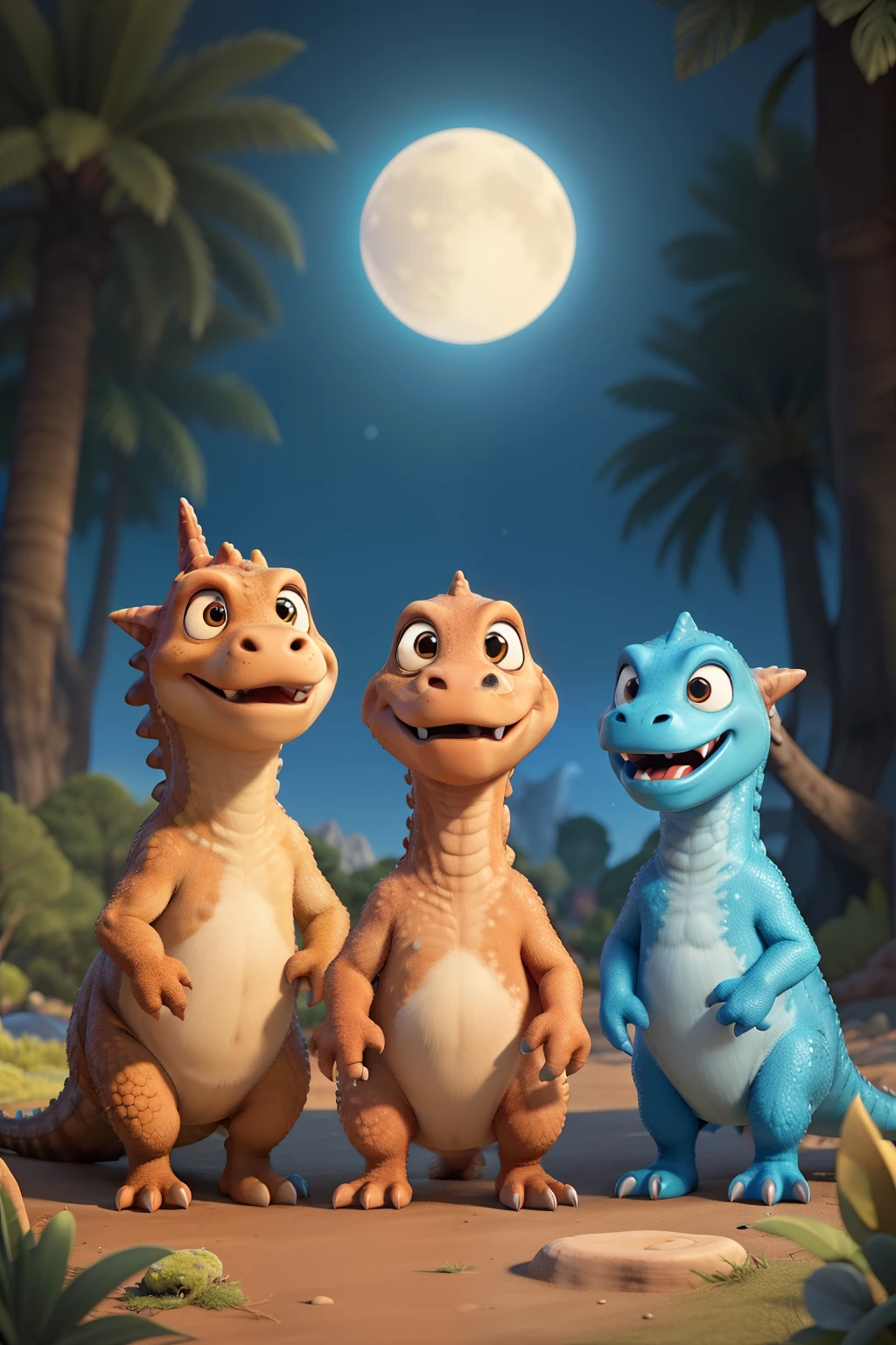 Page 1: Capa

[Colorful and vibrant image of the three little dinosaurs: Dino, Flora e Bravio, com um Tiranossauro Rex faminto ao fundo.]

Title: A Prehistoric Adventure: The Three Little Dinosaurs and Tyrannosaurus Rex
