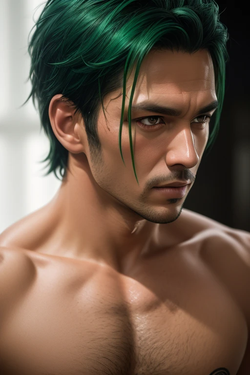 Quarter Body shot photorealistic handsome hunky masculine super bulge shirtlesss green haired Rononoa Zoro . in a high budget film, natural light photo, Canon 85L f2. 8, ISO320, 5000K colour balance, Miki Asai Macro photography, close-up, hyper detailed, trending on artstation, sharp focus, studio photo, intricate details, highly detailed, by greg rutkowski,