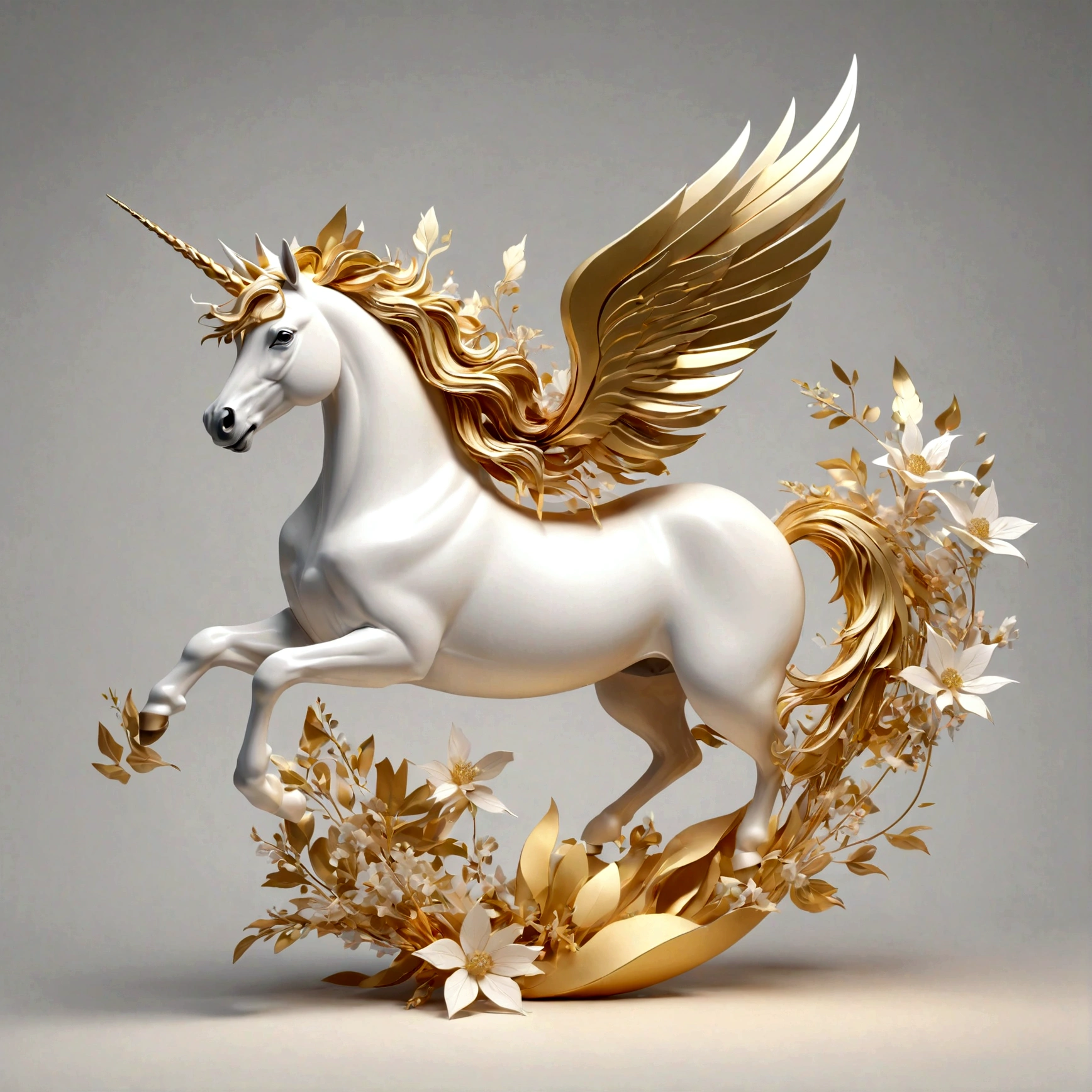 abstract 3D shape flying Unicorn, foliage and flowers incorporated, light emitting, White and Gold background