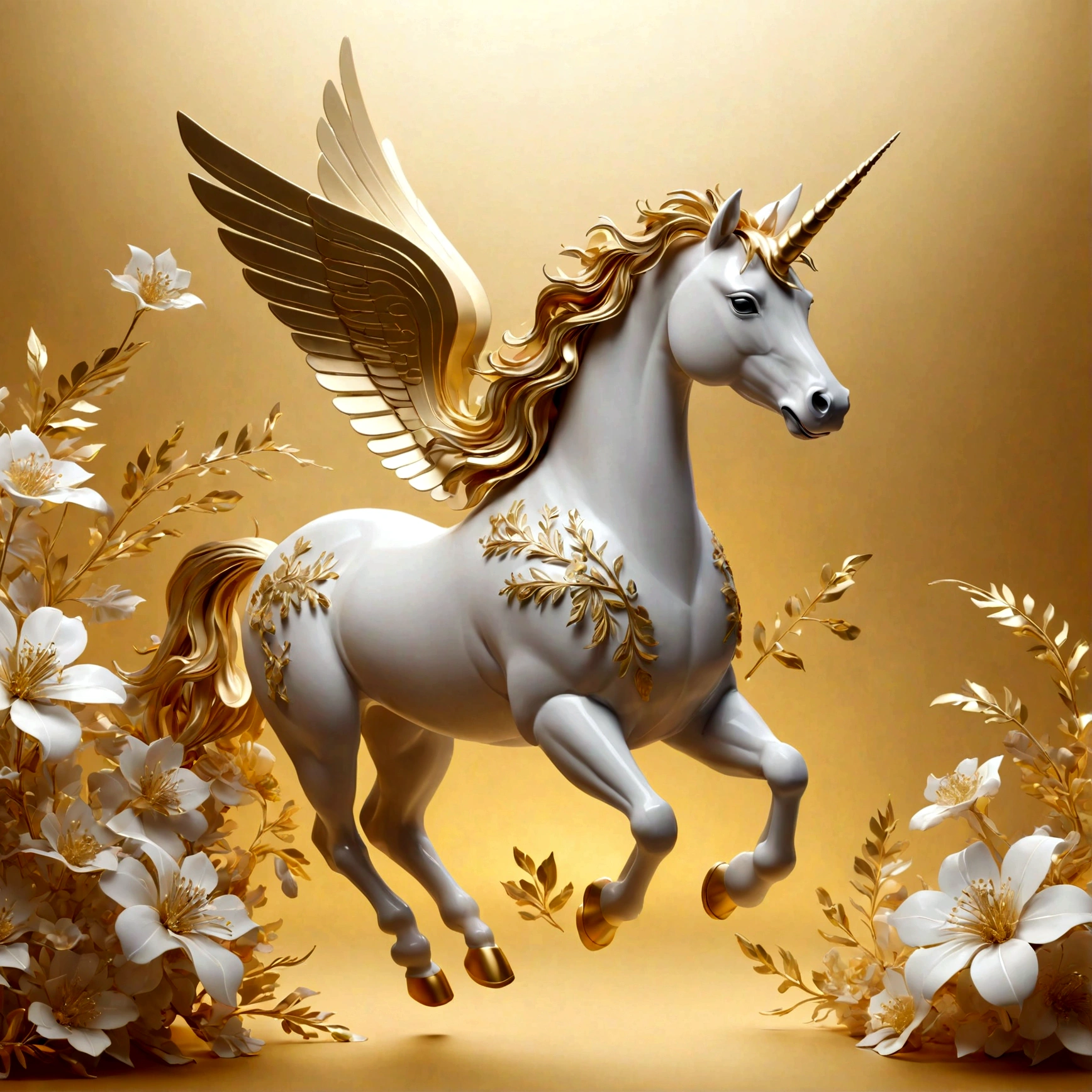 abstract 3D shape flying Unicorn, foliage and flowers incorporated, light emitting, White and Gold background