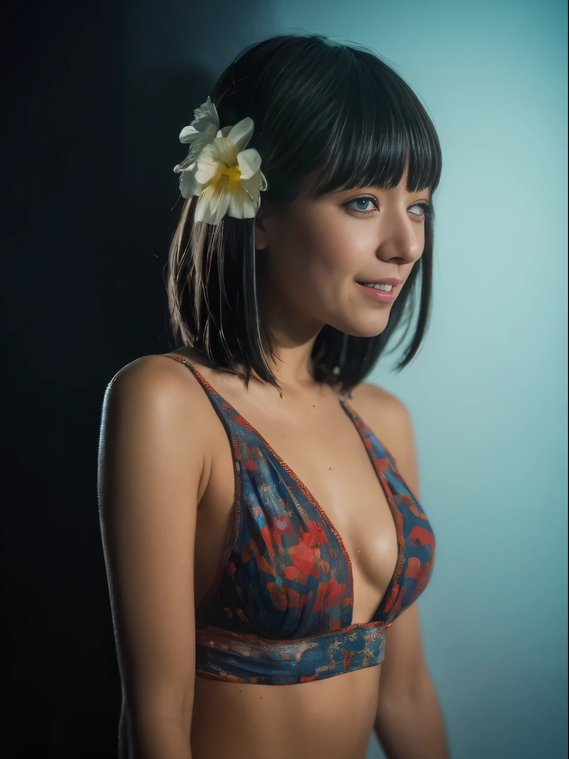 27 years old, hermosa linda chica americana, sonrisa mostrando los dientes, pecas, (piel oscura:1.5), (platinum blue largo bangs hair:1.4), (Gigi Hadid:1.1), (naughty girl makeup:1.1), (El FW), 1mujer, Solo, 24 years, cuerpo de 7 cabezas, (cute  rostro), (ideal proportion body proportions), usando sudor, El disfraz es transparente, wet, sonrisa sonriente, cabello corto, pelo oscuro, , un delgado, small buttocks, piernas de belleza, piernas flacas, surrealism, lightning cinematográfica, profundidad de campos, Punto de vista unipersonal, F/1.8, 135mm, nffsw, mesa, preciso, ((anatomically correct)), piel texturizada, Super detail, detalles altos, High calidad, premiado, (obra maestra), animado, (foto_(medio):1.0), by Antonio J. Manzanedo, por Jeremy Lipking, 1 chica, lightning, en un paisaje surrealista, estilo de pintura con acuarela, Pinceladas, desabrochado, ojos naranjas, cola de caballo, cabello rosado, ciberpunk, ropa japonesa