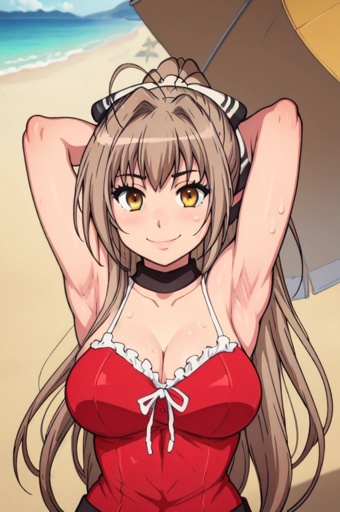 masterpiece, best quality, looking at viewer, upper body, portrait, looking at viewer, seductive smile, put your hands behind your head, armpits, armpits visible, sweaty armpits, sento isuzu, large breasts, ponytail hair, golden eyes,wearing red outfit, beach backround, sleeveless, cleavage