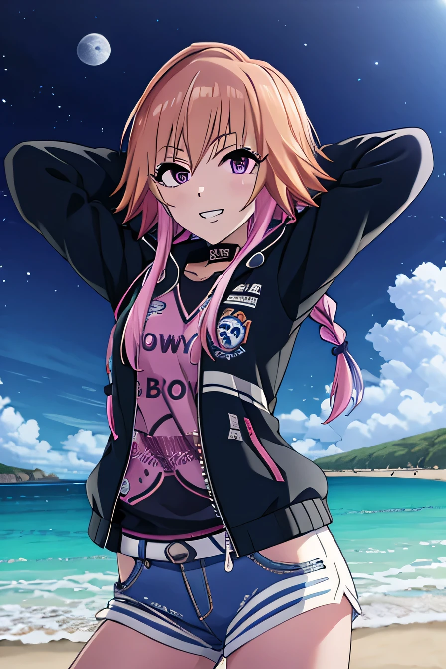 ninomiya asuka, masterpiece, best quality, ultra-detailed, solo,1girl, orange hair,long hair,bangs,twin braids,pink hair,purple eyes,black jacket,open jacket,hoodie,white short, (cowboy shot:1.5), beach, night sky, arms behind head, spread armpits, contrapposto, grin, closed mouth, looking at viewer,