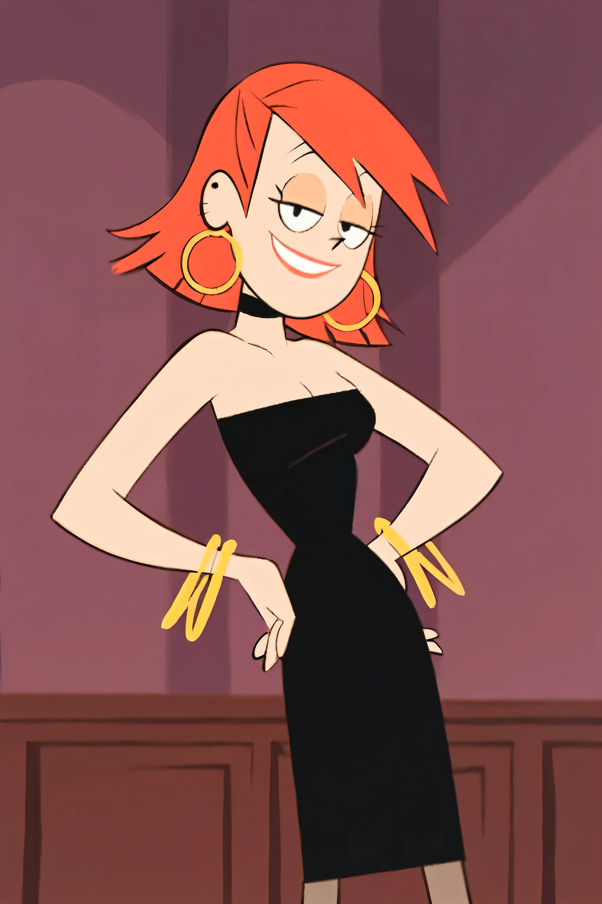 FrankieFoster, 1girl, lipstick, dress, black dress, solo, jewelry, red medium hair, bob hair, smile, earrings, choker, hoop earrings, bangle, bare shoulders,indoors, looking at viewer, score_9, score_8_up, score_7_up, score_6_up, score_5_up, score_4_up, hands on hip
