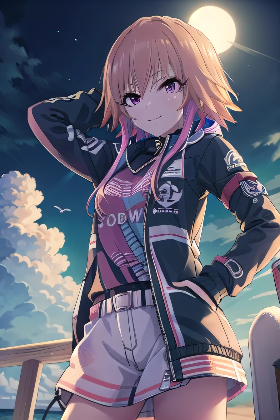 ninomiya asuka, masterpiece, best quality, ultra-detailed, solo,1girl, orange hair,long hair,bangs,twin braids,pink hair,purple eyes,black jacket,open jacket,hoodie,white short, (cowboy shot:1.5), beach, night sky, arm behind head, spread, hand on hip, armpits, contrapposto, smile, closed mouth, looking at viewer,