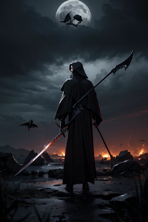 ((masterpiece, highest quality, Highest image quality, High resolution, photorealistic, Raw photo, 8K)), ((Extremely detailed CG unified 8k wallpaper)), Black Grim Reaper, arafed grim with scythe in the dark with a scythe in his hand, grim reaper, man with scythe, the grim reaper, holding a scythe, reminded me of the grim reaper, portrait of grim reaper, back view of the grim reaper, reaper of night!!!!, the reaper, the harbringer of death, the reaper as a scary,
