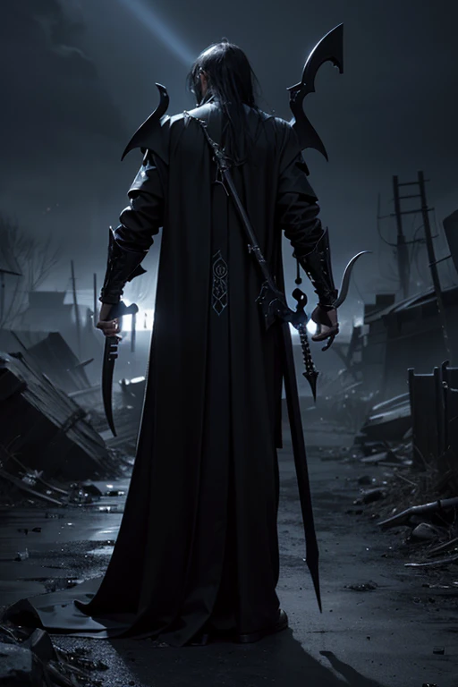 ((masterpiece, highest quality, Highest image quality, High resolution, photorealistic, Raw photo, 8K)), ((Extremely detailed CG unified 8k wallpaper)), Black Grim Reaper, arafed grim with scythe in the dark with a scythe in his hand, grim reaper, man with scythe, the grim reaper, holding a scythe, reminded me of the grim reaper, portrait of grim reaper, back view of the grim reaper, reaper of night!!!!, the reaper, the harbringer of death, the reaper as a scary, 