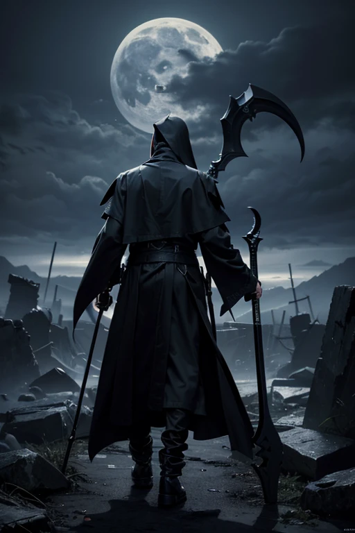 ((masterpiece, highest quality, Highest image quality, High resolution, photorealistic, Raw photo, 8K)), ((Extremely detailed CG unified 8k wallpaper)), Black Grim Reaper, arafed grim with scythe in the dark with a scythe in his hand, grim reaper, man with scythe, the grim reaper, holding a scythe, reminded me of the grim reaper, portrait of grim reaper, back view of the grim reaper, reaper of night!!!!, the reaper, the harbringer of death, the reaper as a scary,