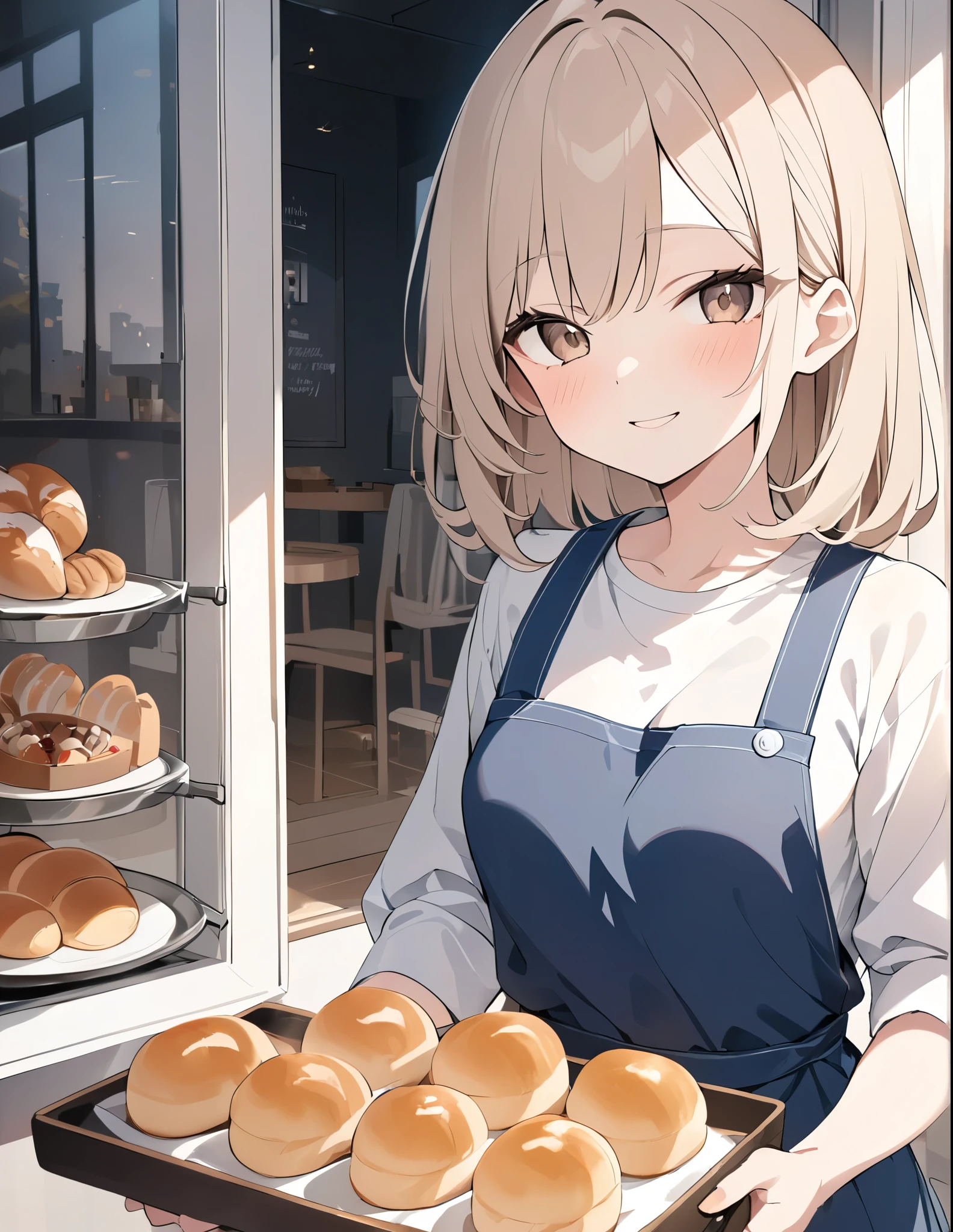 ((pale colour)),35mm, f/1.2, UHD, high details, best quality, highres, masterpiece、Light brown hair、Shortcuts、Bakery girl、whole body、cute、smile、Light pours in through the window、Holding a tray with bread on it、White shirt、jeans、Blue Apron、20th Generation、Brown eyes