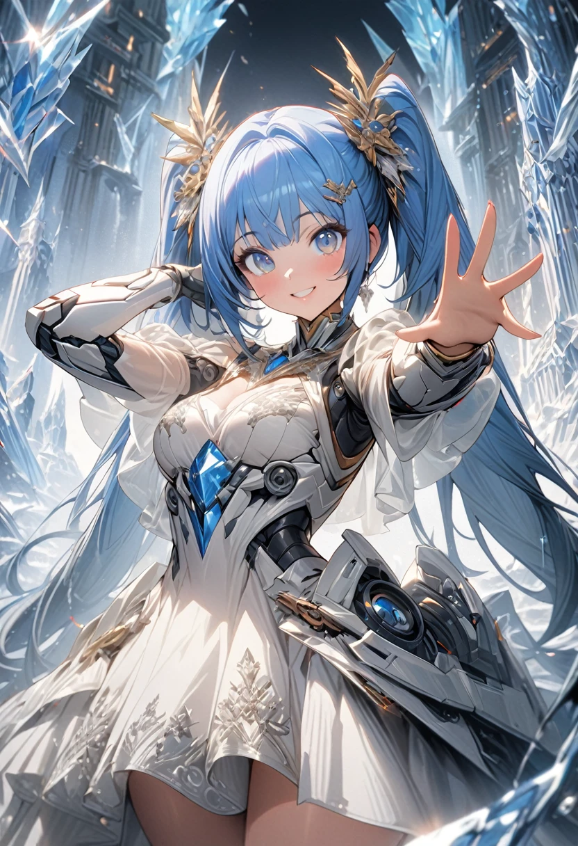Mecha Wings、White and blue skirt、Accentuated thighs、White tights、chest、Beautiful blue hair、1 girl、solo girl、Thick thighs、IS、Frame Arms Girl、Alice Gere Aegis、White Armor、Blue and purple lines、income、headphone、hand on own chest、smile